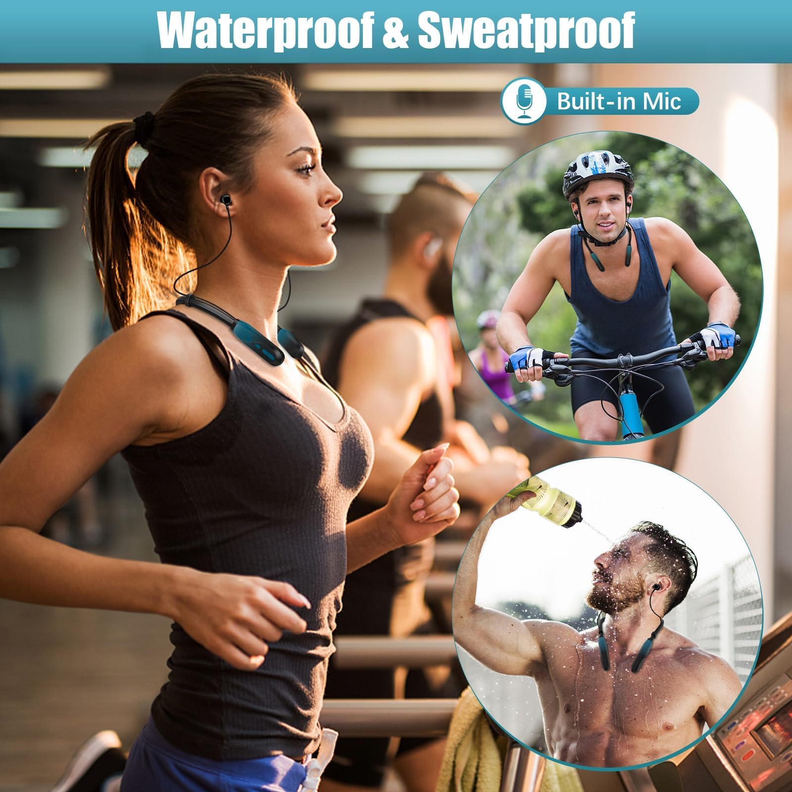 Lecefty Neckband Bluetooth Headphones, 200H Extra Long Playtime Wireless Stereo Neckband Earbuds with Microphone, Waterproof Balanced Armature Drivers in Ear Headset for Sports/Workout (Cyan Green)