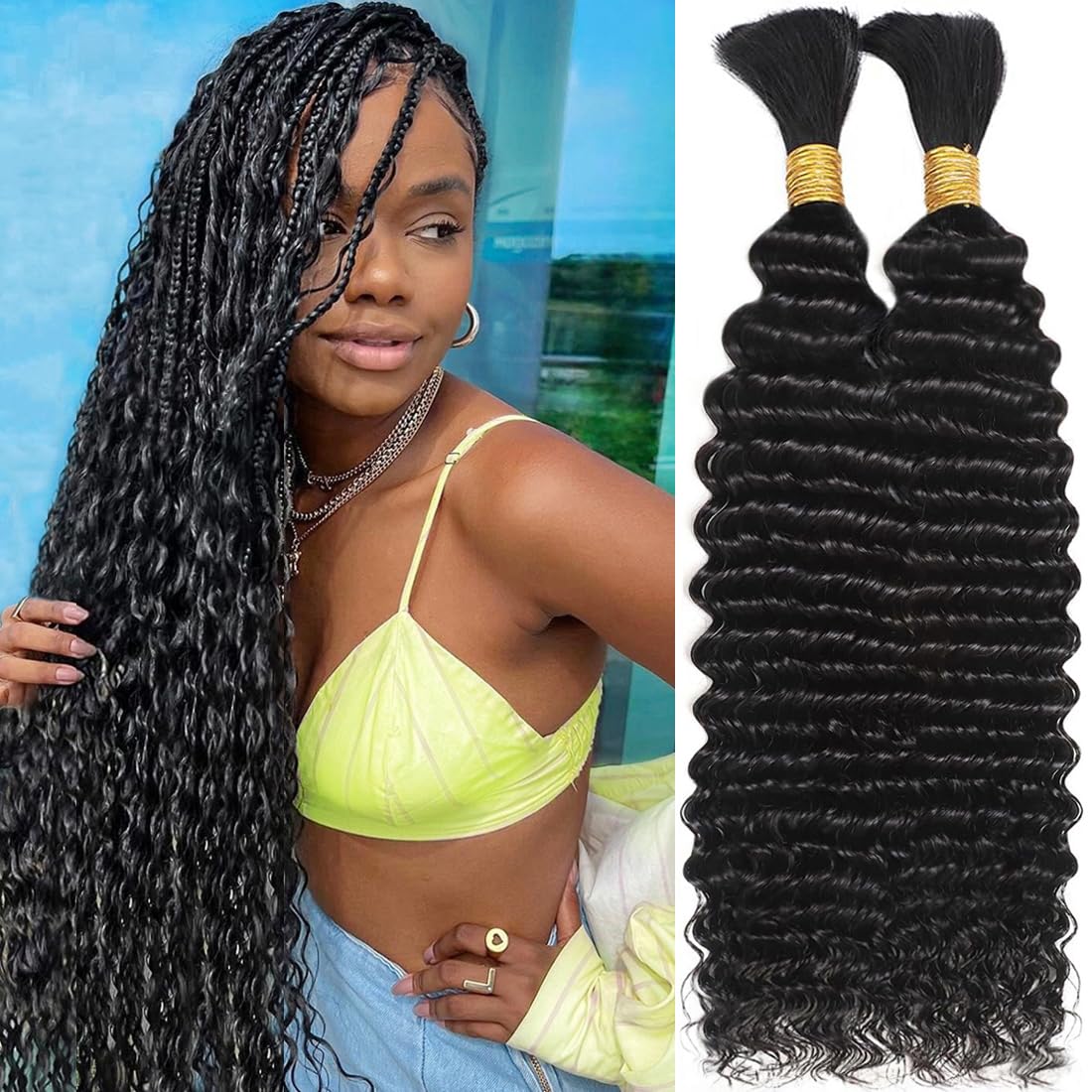 Echthaar zum Flechten für Boho-Zöpfe 110g 20 Zoll Deep Water Wave Echthaar zum Flechten ohne Tressen 12A Wet and Wavy Lockiges Echthaar Extensions 2 Bündel/Packung Naturfarbe