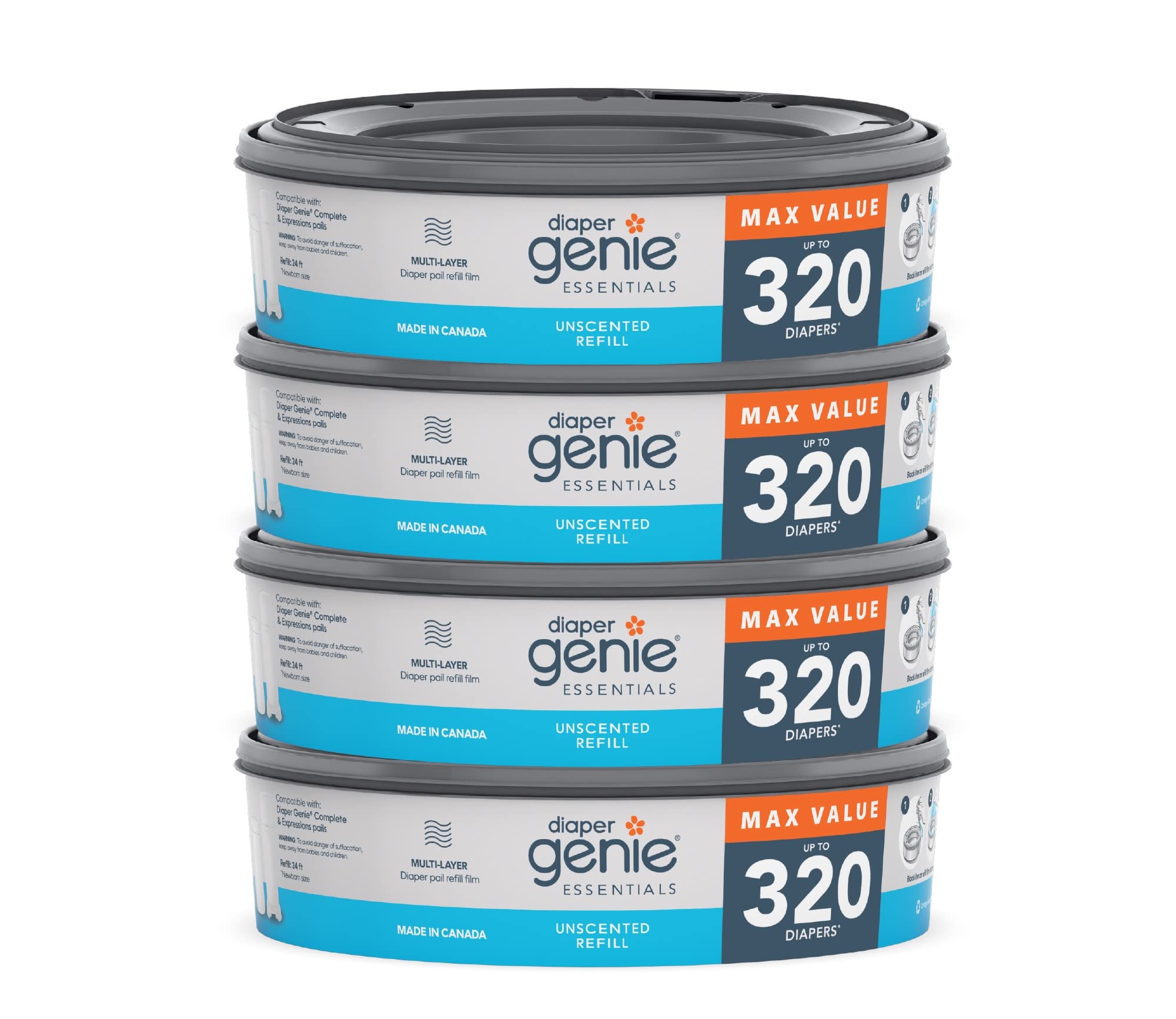 Diaper Genie Essentials runde Nachfüllpackung, 4 Stück | Fasst bis zu 1280 Neugeborenenwindeln | Mit unparfümierter Endlosfolie | Kompatibel mit Diaper Genie Complete und Expressions Windeleimern