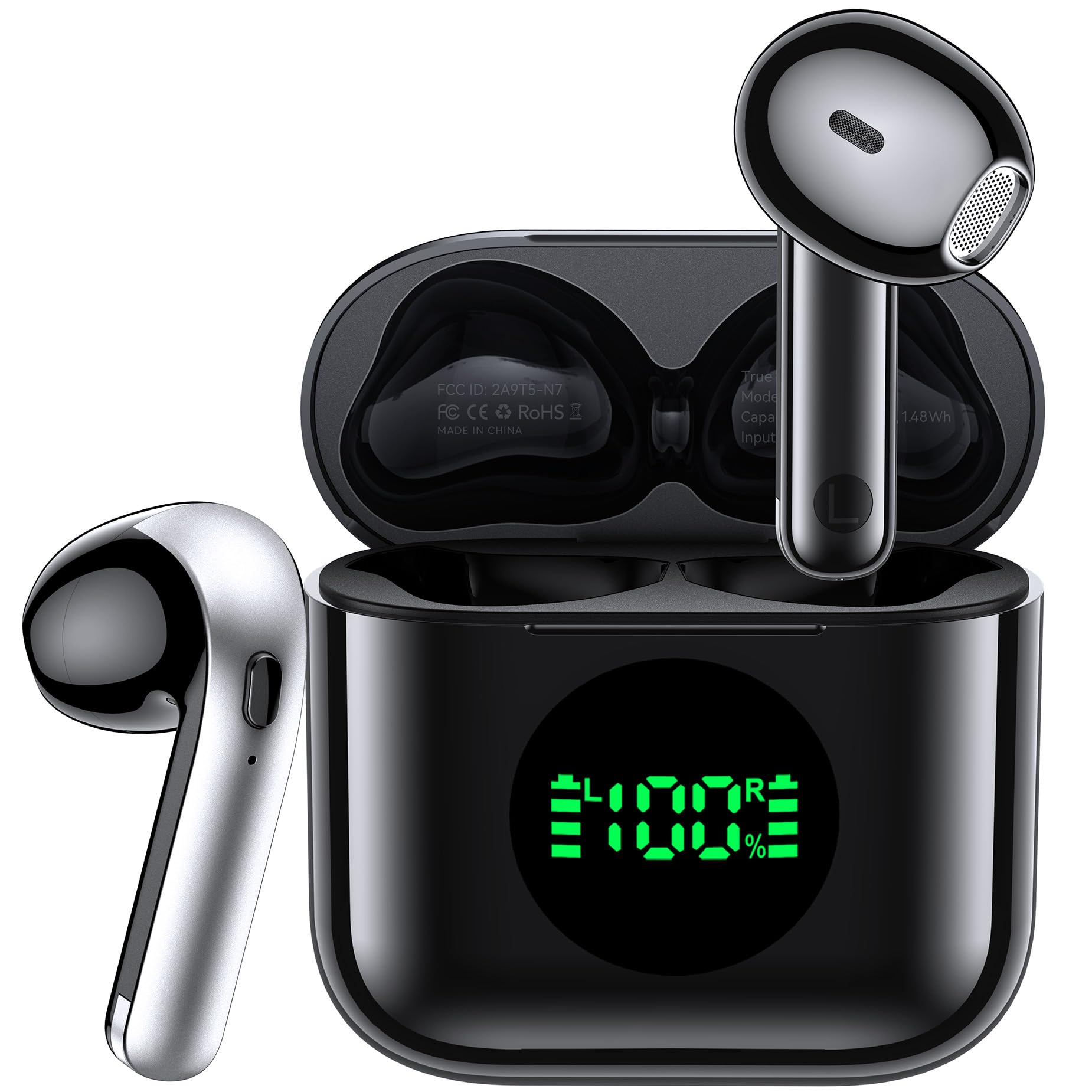 Wireless Earbuds,Bluetooth 5.3 Headphones 60H Playtime Deep Bass Stereo Ear Buds with Wireless Charging Case LED Display,IPX7 Waterproof in-Ear earphones with Mic,Headset for iOS/Android Black F0YC0Y