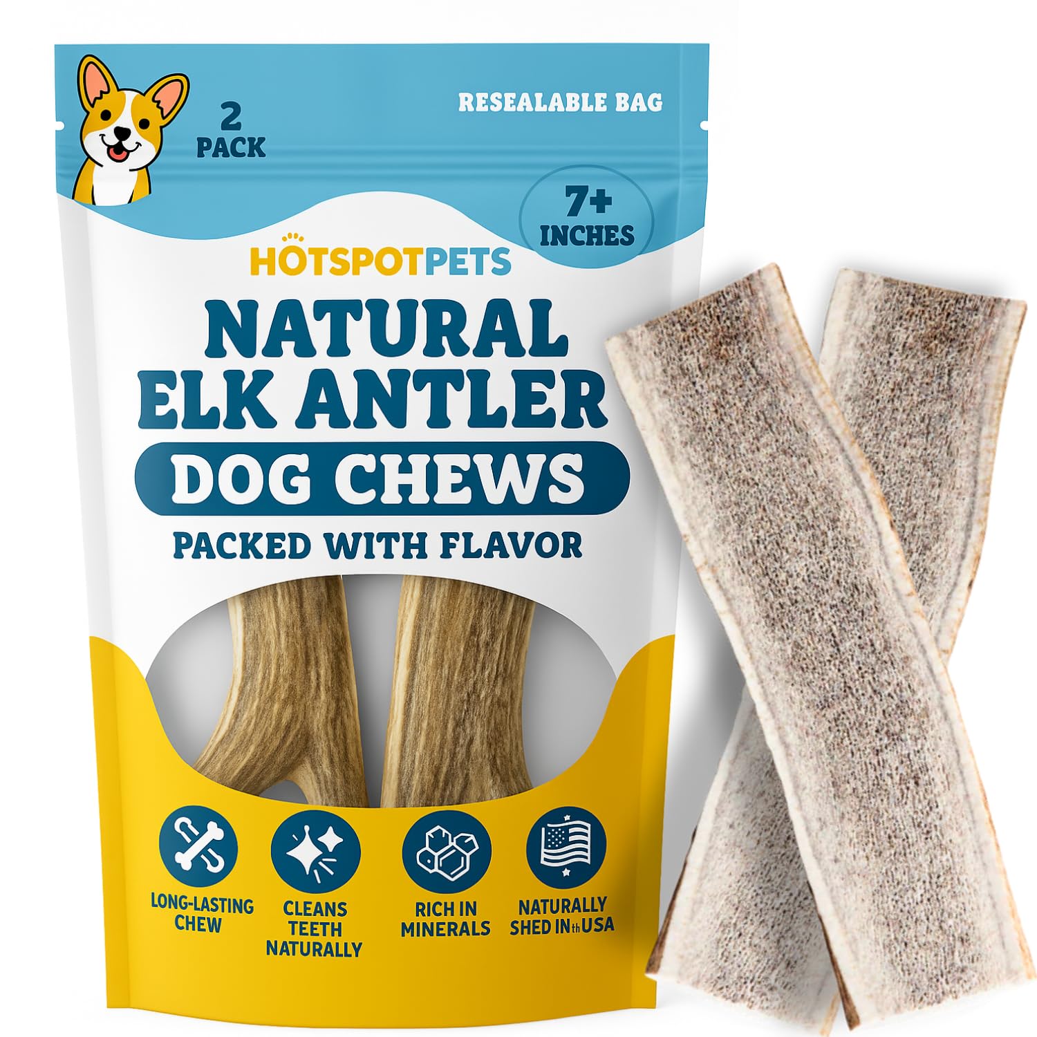 hotspot pets Premium Split Elk Antlers for Dogs - 7 Inch Large Dog Chews (2 Pack) Made in USA -Naturally Shed Antler Bone for Large Breed Aggressive Chewers -Promotes Natural Dental Hygiene