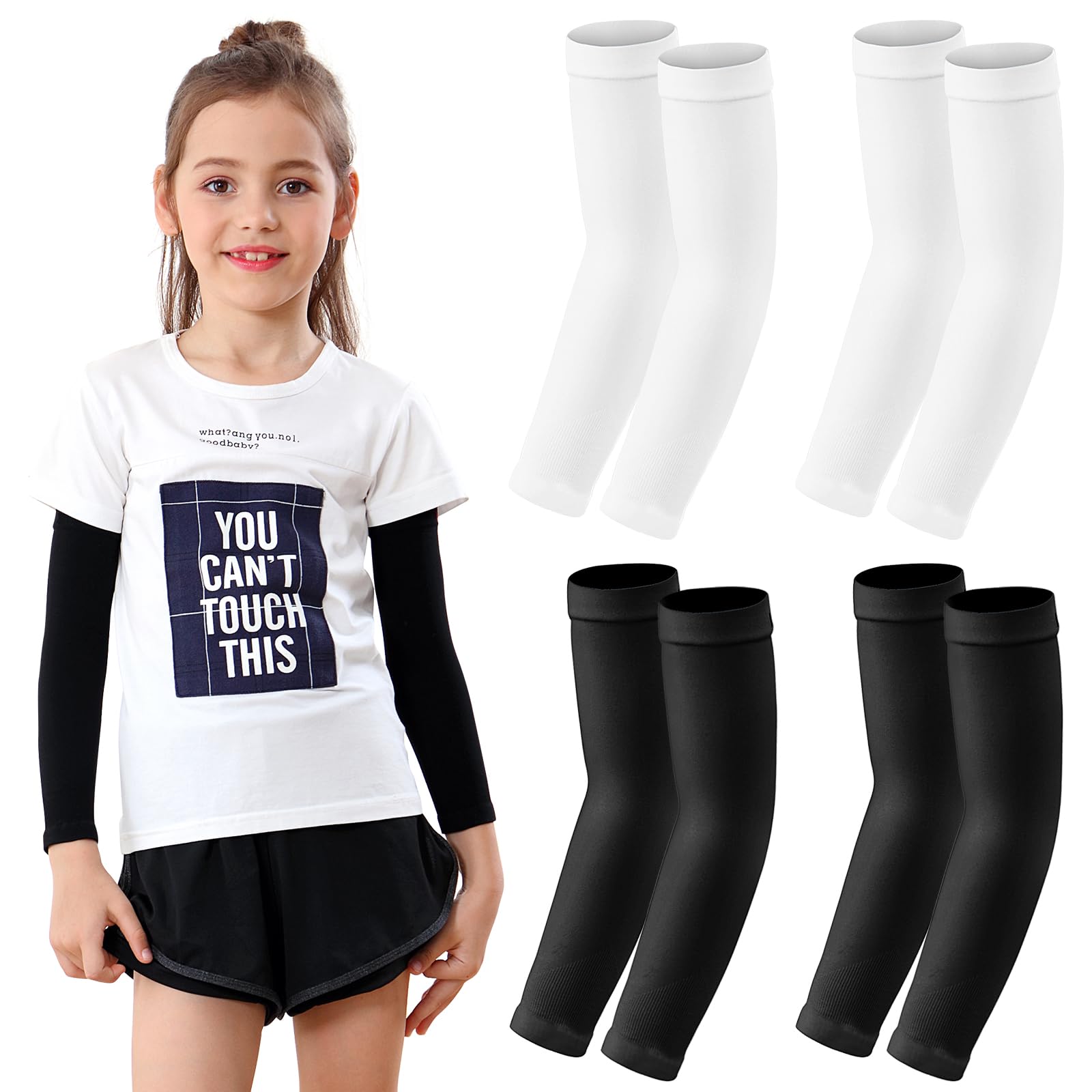 Newbyinn Kid Arm Sleeve 4 Pairs, Compression Arm Sleeve for Basketball Football Baseball Volleyball Youth Boy Girl Sports