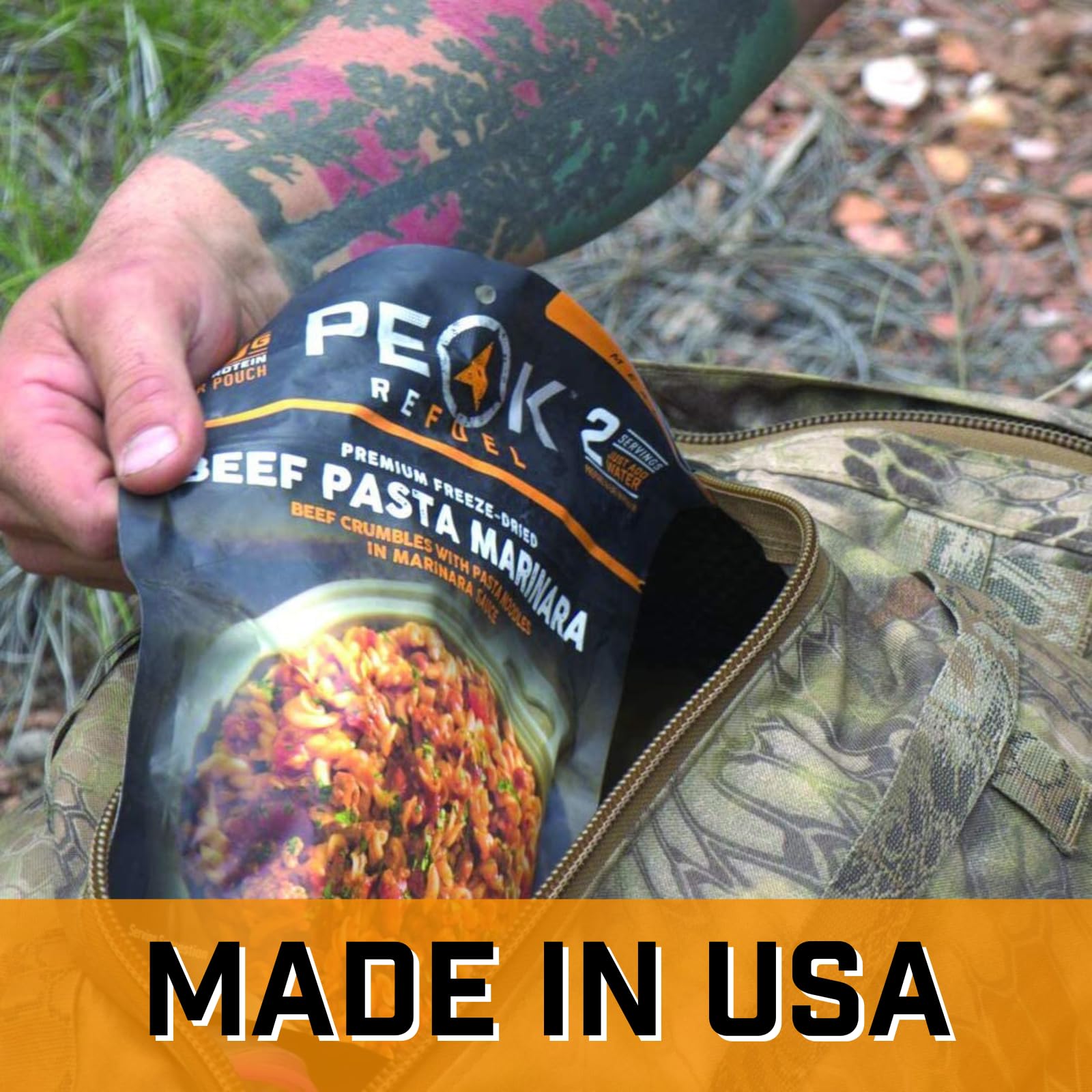 Peak Refuel Beef Pasta Marinara | 49g Protein | 1040 Calories | 100% Real Meat | Premium Freeze Dried Backpacking & Camping Food | 2 Servings | Ideal MRE Survival Meal (2 Serving Pouch)