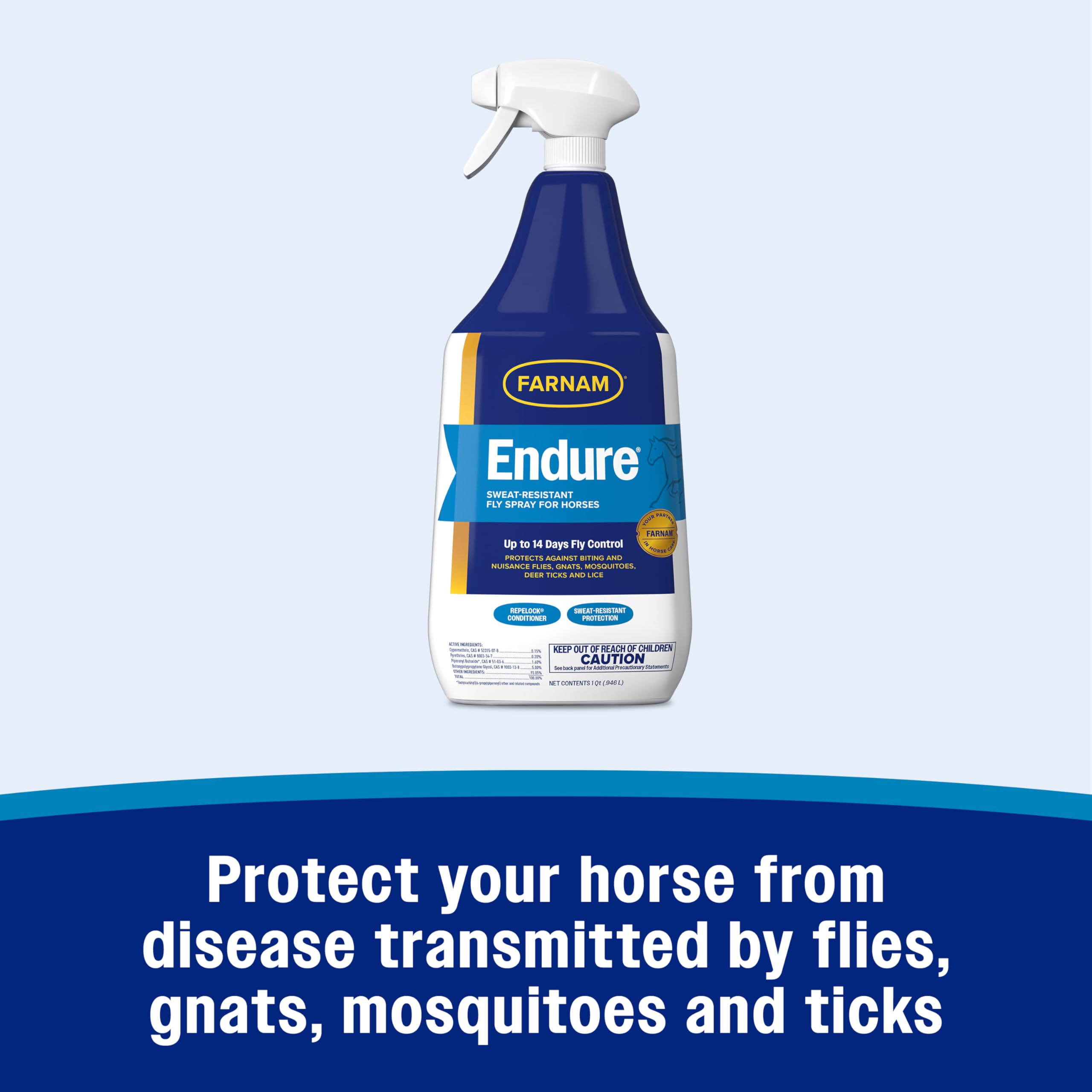 Farnam Endure Sweat-Resistant Fly Spray for Horses, Lasts Up to 14 Days, Protects Against Flies, Gnats, Mosquitoes, Ticks & Lice, 32 oz.