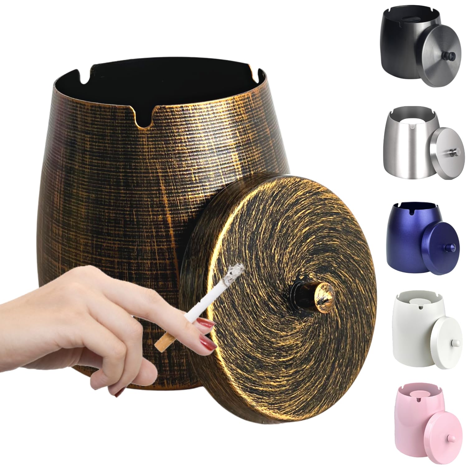 WUSIFIE Ash Tray, Large Outdoor Ashtray with Lid, Ashtray for Outside Patio, Stainless Steel Windproof Smokeless Ash Tray for Balcony, Ashtrays for Smokers, Cigar, Home Office Decoration