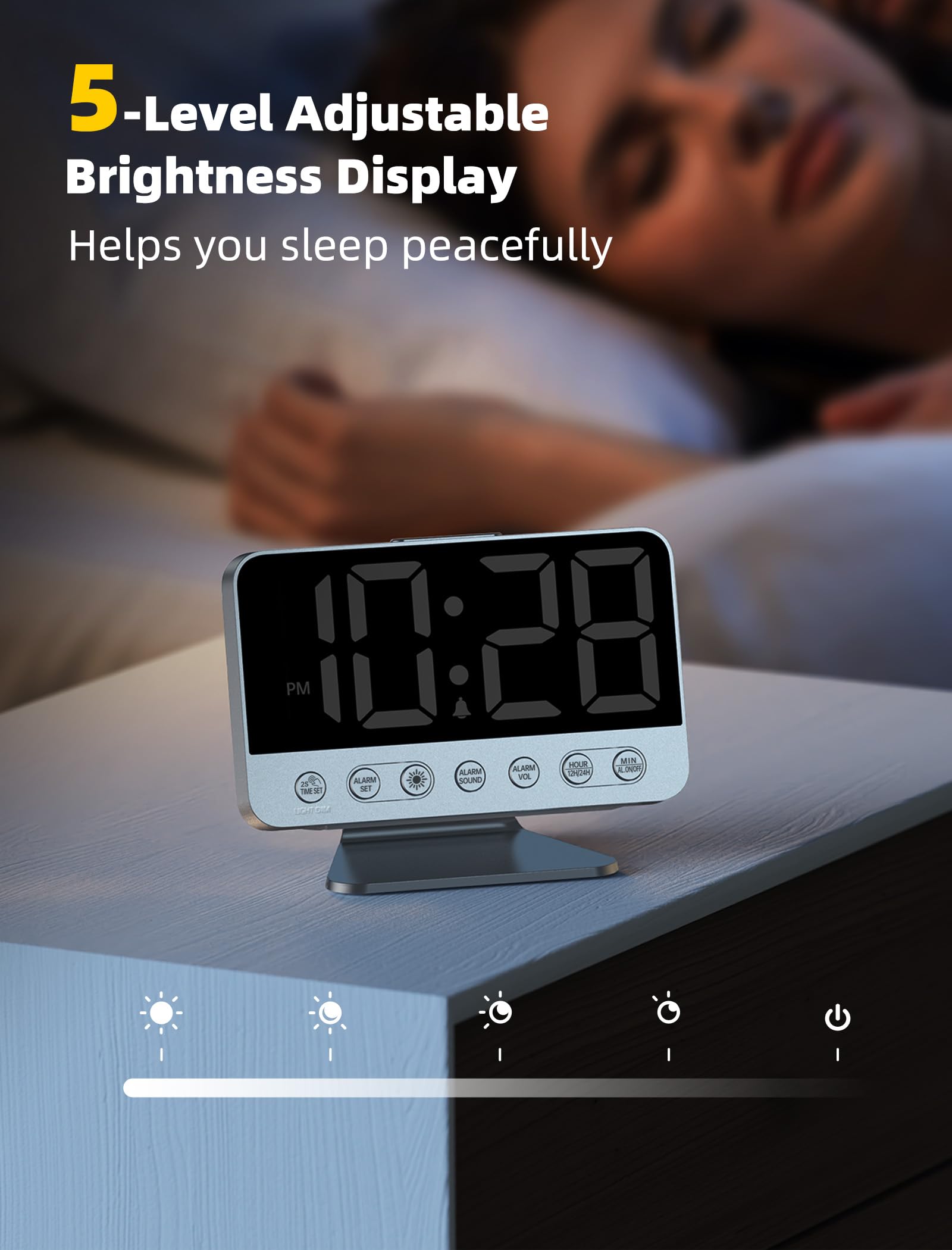 Odokee Digital Alarm Clocks for Bedrooms: Large Bold Number 5 Brightness Dimmer - Easy to Read Across The Room - 5 Alarm Sound 8 Night Light - Silver