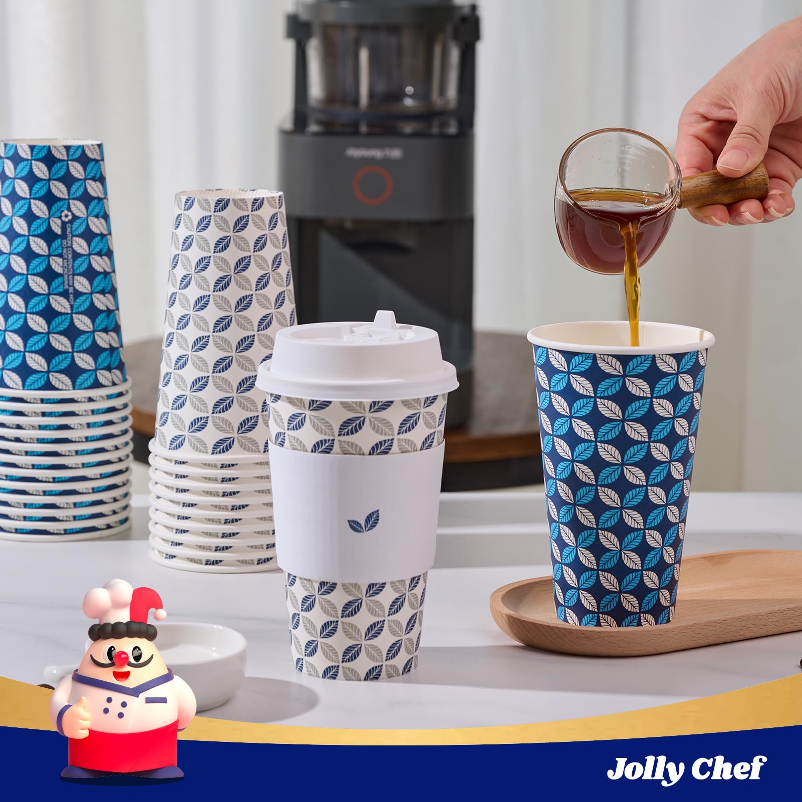JOLLY CHEF 16 oz Coffee Cups with Lids 100 Pack, Disposable Hot Paper Coffee Cups with Lids, Sleeves and Stirrers (Blue Leaf and Grey Leaf)