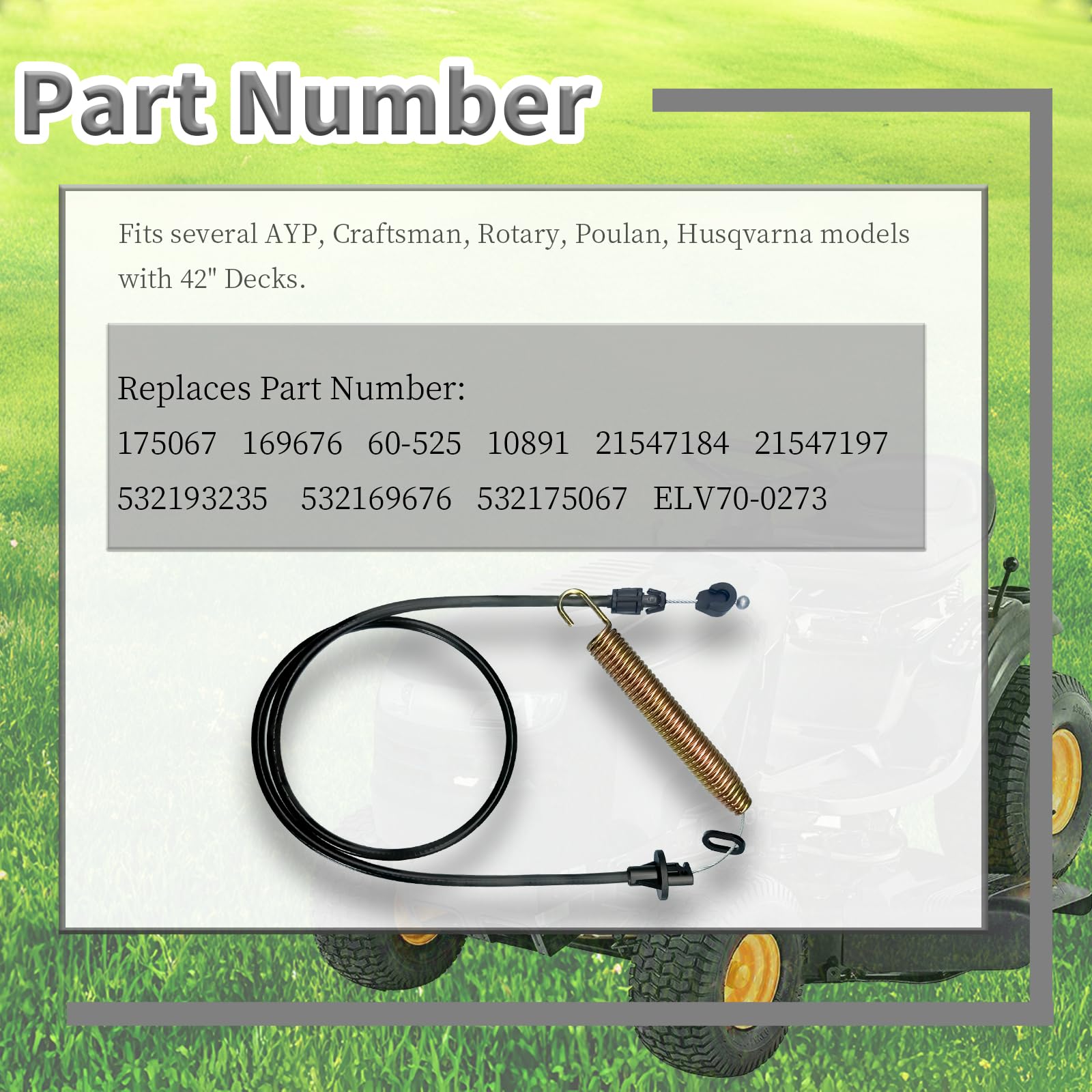 175067 169676 Deck Clutch Cable Fits Craftsman LT1000 LT2000 DLT 3000 AYP Husqvarna Poulan Ryobi 42” Riding Lawn Mowers - Replaces 532169676 532175067 21547184