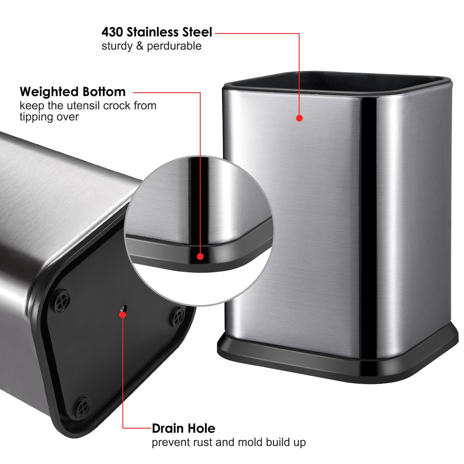 RedCall Stainless Steel Kitchen Utensil Holder for Countertop, Spoon Spatula Organizer,Modern Rectangular Large Cooking Utensil Caddy Counter,Utensil Crock Silver