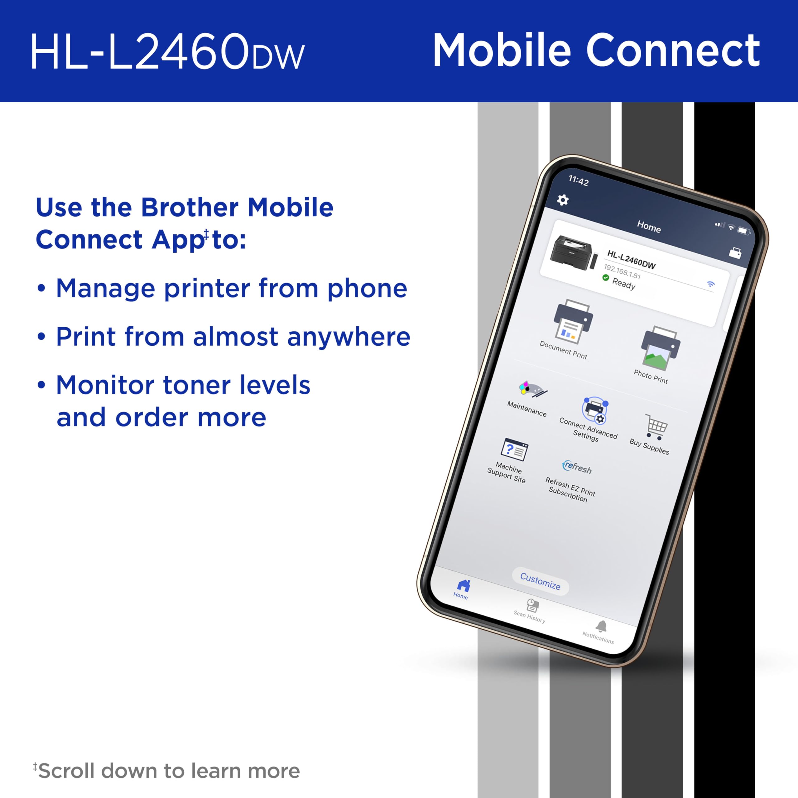Brother HL-L2460DW Wireless Compact Monochrome Laser Printer with Duplex, Mobile Printing, Black & White Output
