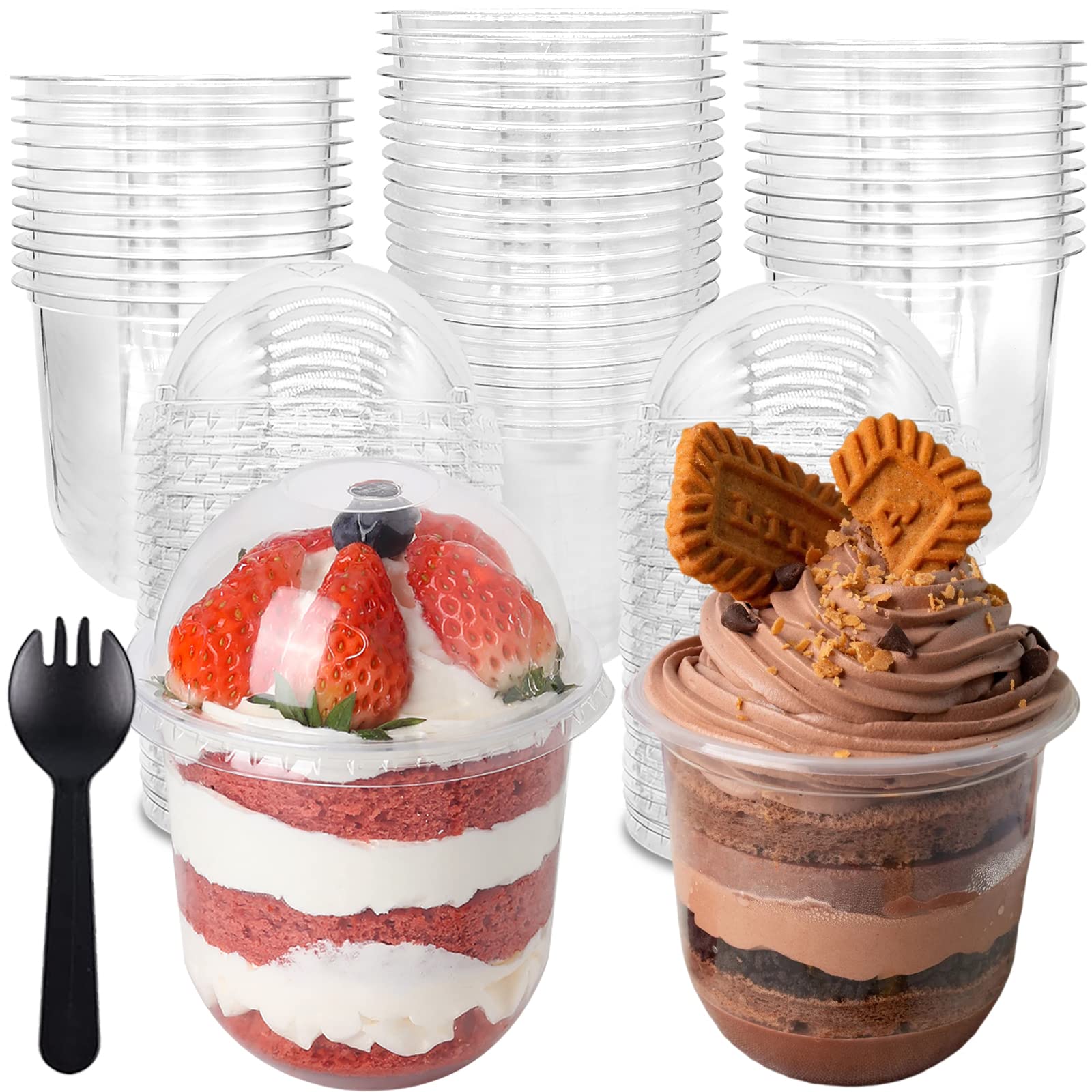 50 Stück 12OZ Klare Plastikbecher mit Domdeckel und Spork ohne Loch Einweg Obstbecher für Dessert, Cupcake, Parfait, Pudding, Eisgetränke, Snacks, Obst, Bäckereien, Eiscreme