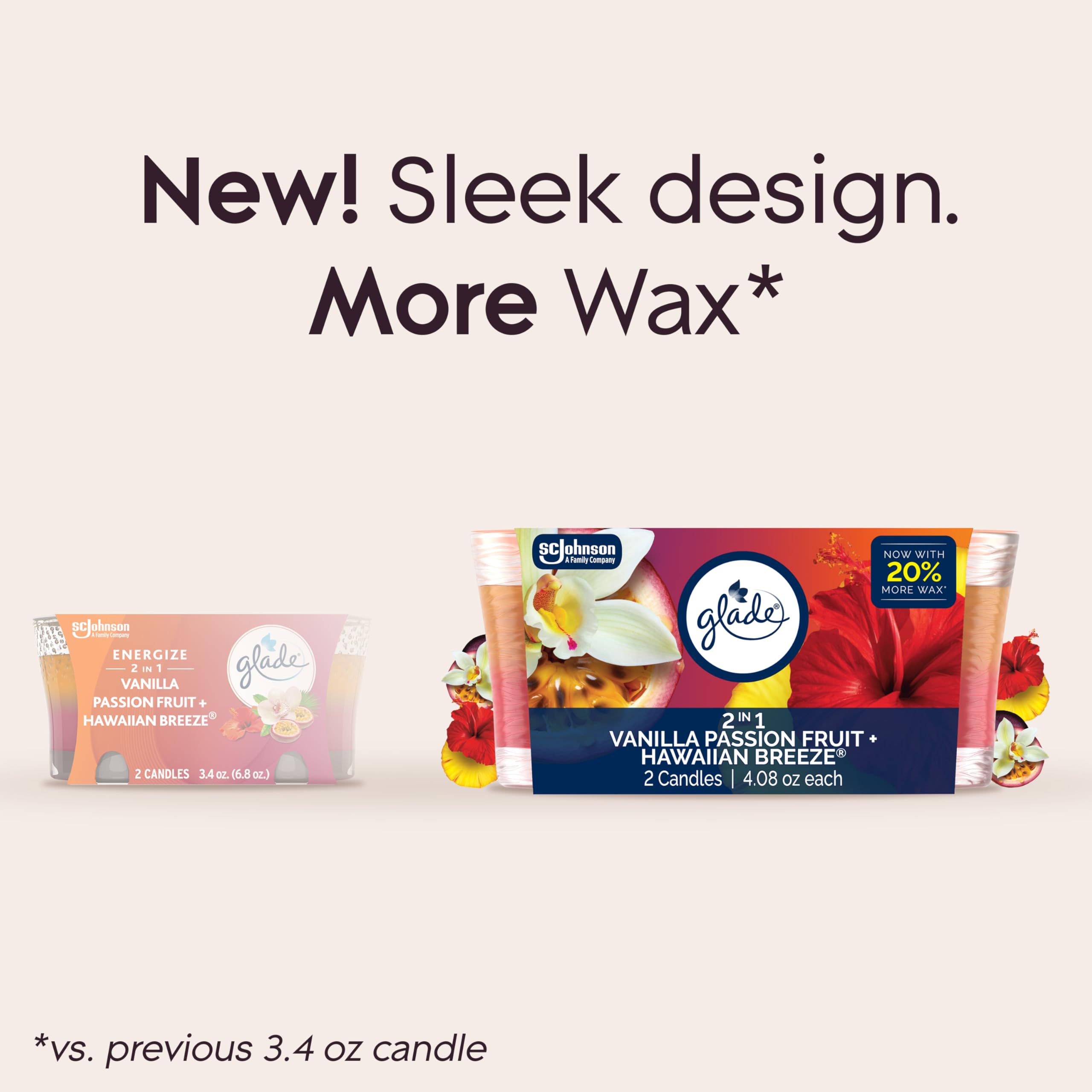 Glade 1-Wick Scented Candle Jar, 2in1 Hawaiian Breeze & Vanilla Passion Fruit, Air Freshener Infused with Essential Oils, 4.08 Oz, 2 Count