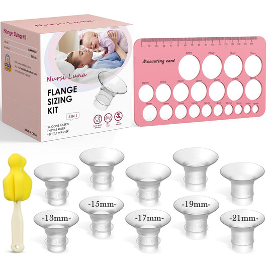 Nursi Luna Flange Sizing Kit 3 in 1 Ultimate with 10PCS Flange Inserts 13/15/17/19/21mm, Nipple Ruler, Cleaning Brush, Silicone Flange Insert Kit for 24mm Most Pumps, Pumping Breastfeeding Essentials