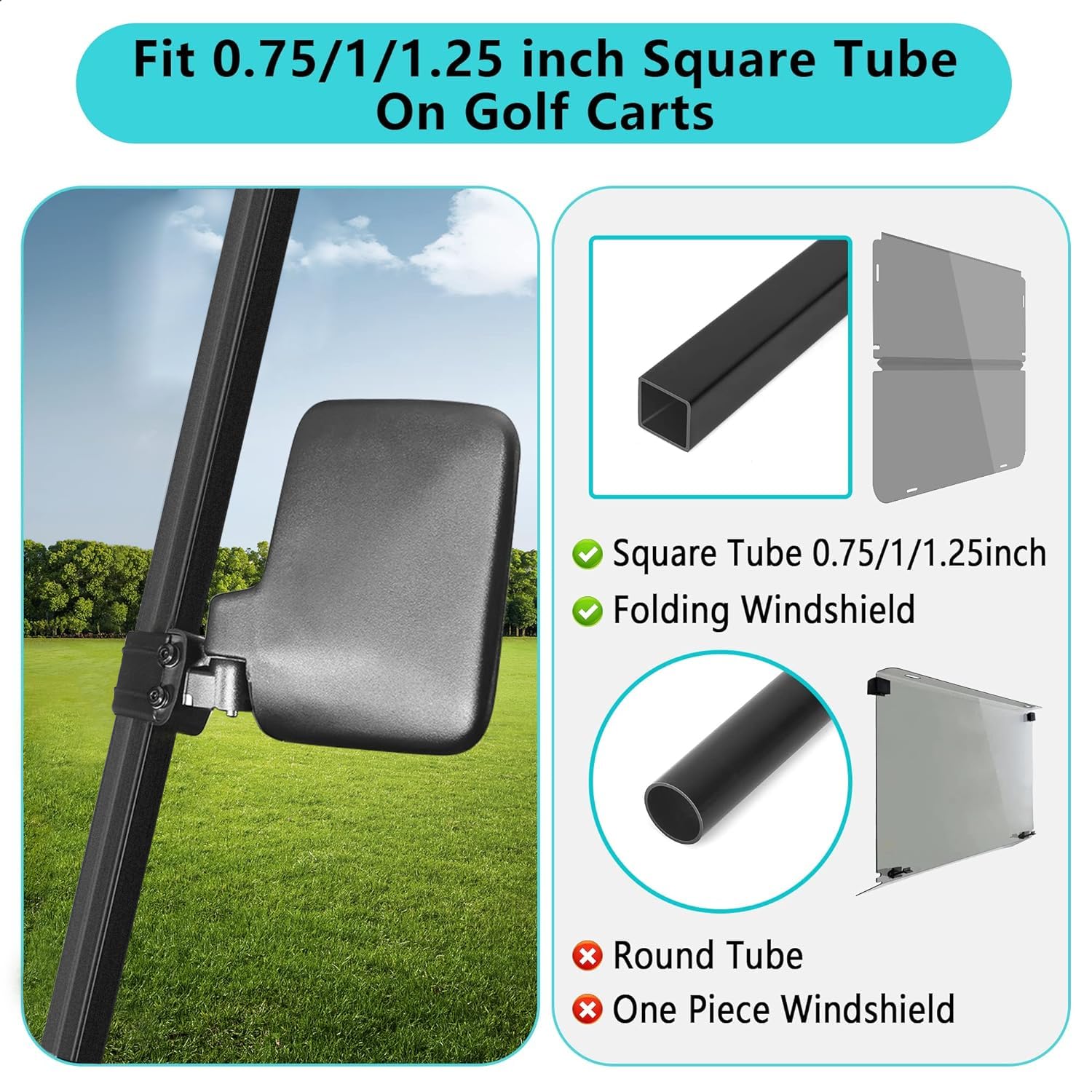 10L0L Golf Cart Mirror No Drilling Side Mirrors Universal for Yamaha, Club Car, EZGO, Folding Side Rear View Mirrors Adjustable 180 Degree HD Glass