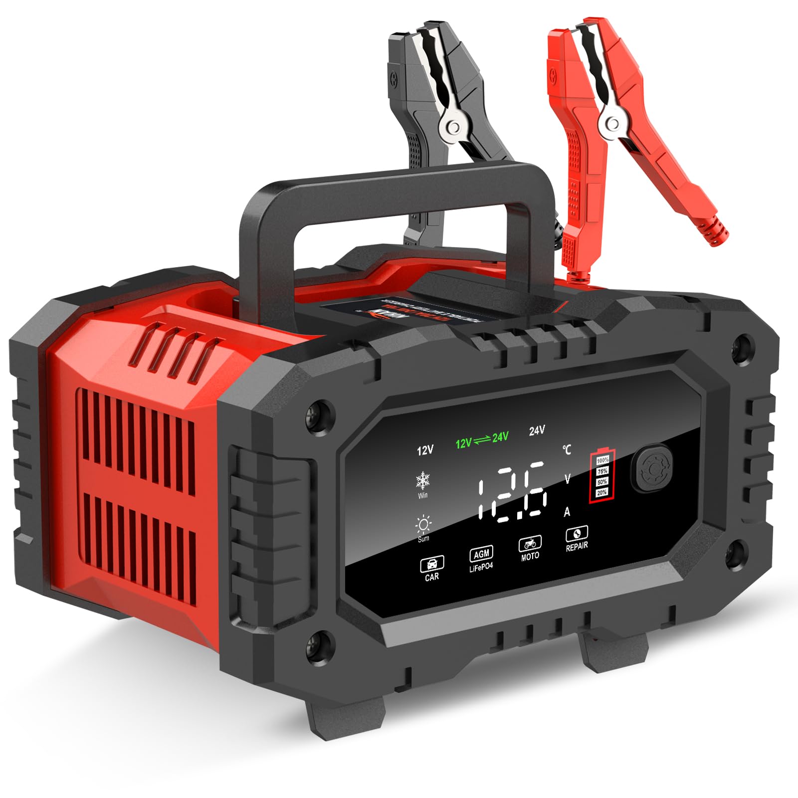شاحن بطارية YONHAN 20A 12V/24V LiFePO4 حمض الرصاص، محافظ بطارية أوتوماتيكي بالكامل، شاحن بطارية سيارة بتقنية التنقيط للسيارات مع وضع الإصلاح والوضع الشتوي، لبطاريات AGM وSTD والجل والدورة العميقة