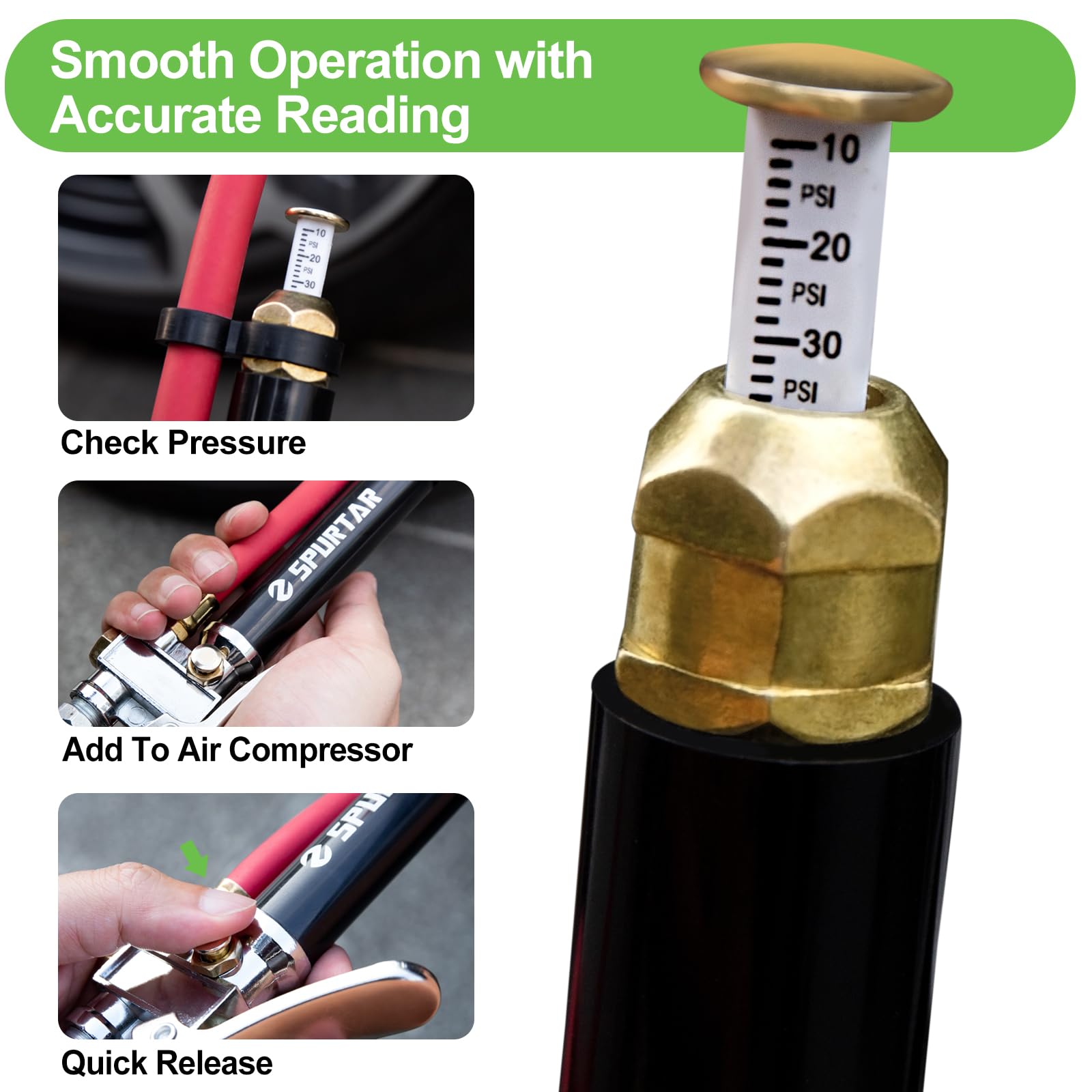 Spurtar 10-120 PSI Heavy Duty Tire Pressure Gauge with Inflator Air Chuck with Pressure Gauge with 4 Way Tool and Valve Cores Air Compressor Attachments Tire Inflator Nozzle for Car Automotive Truck