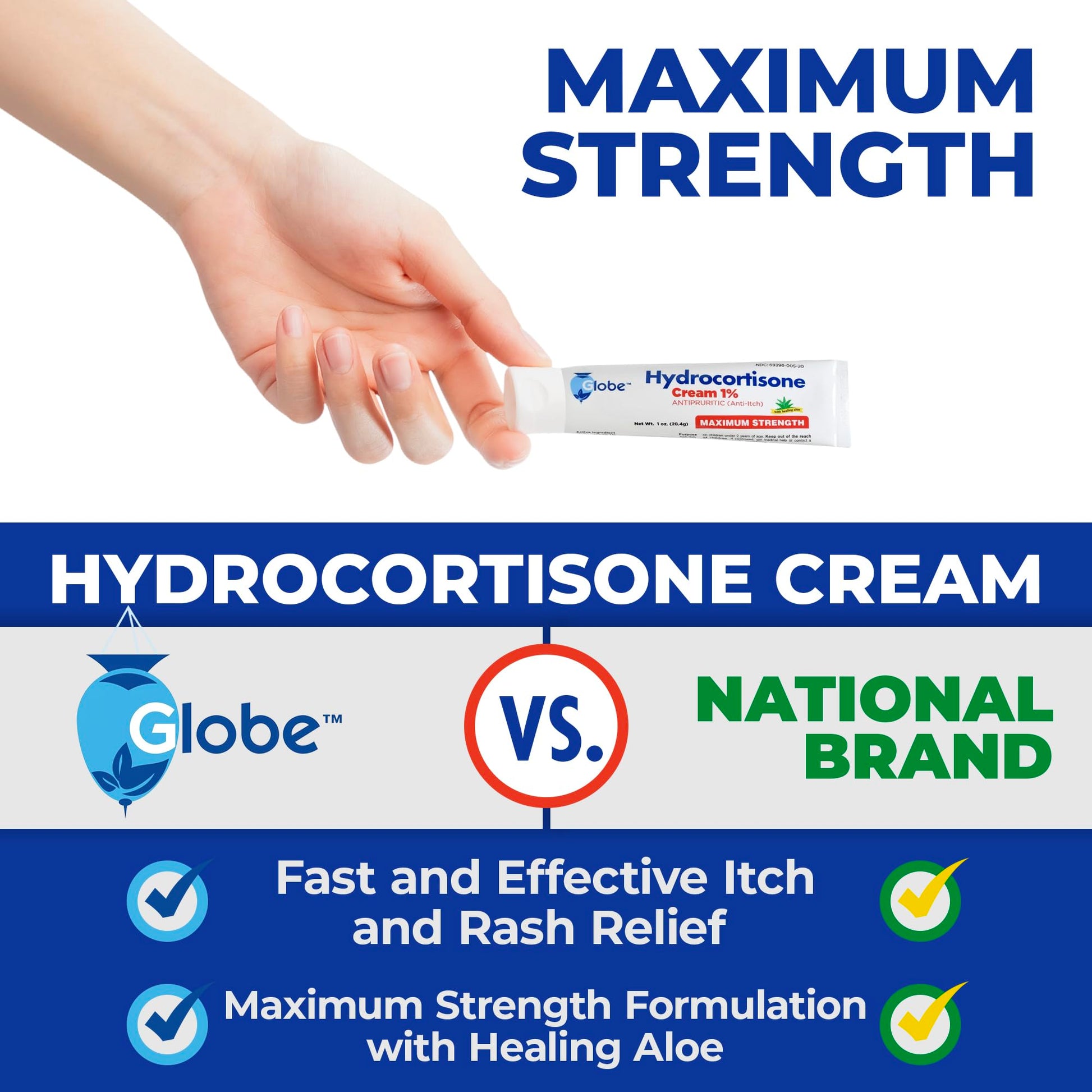 Globe (4 Pack) Hydrocortisone Maximum Strength Anti-Itch Cream 1% w/Aloe, Intensive Formula for Redness, Rash, Bug & Mosquito Bites, Eczema, Hemorrhoids, Sensitive Skin, Instant Itch Relief,1 oz Tube