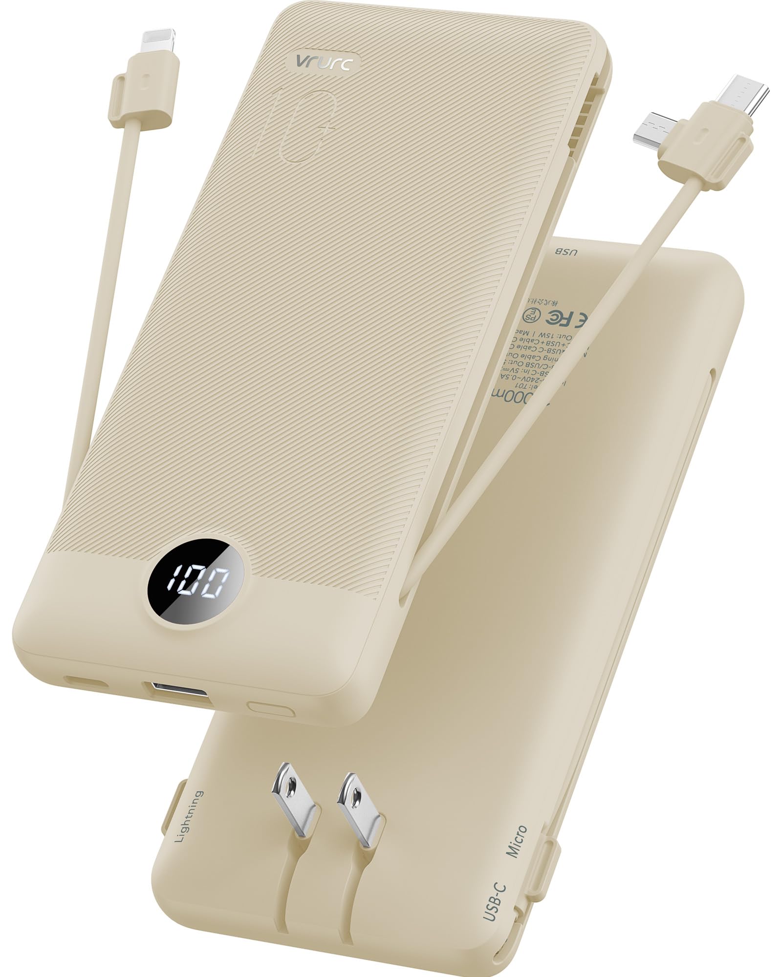 VRURC Portable Charger Built-in Cables and AC Wall Plug, USB C Power Bank 10000mAh, [2023 Upgraded Version] Phone Charger Compact Lightweight External Battery Pack for Smart Phones, Tablets etc-Red