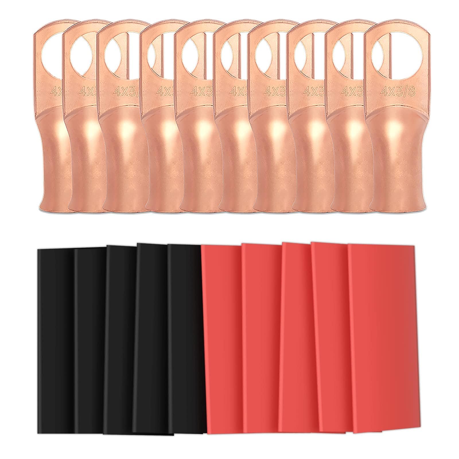 10pcs 4 Awg - 3/8" (M10) Sanuke Wire Lugs Ring Terminal Connectors Ends, UL Listed Heavy Duty for Battery Cable Lug Wire Electrical Eyelets with 3:1 Dual Wall Adhesive Heat Shrink