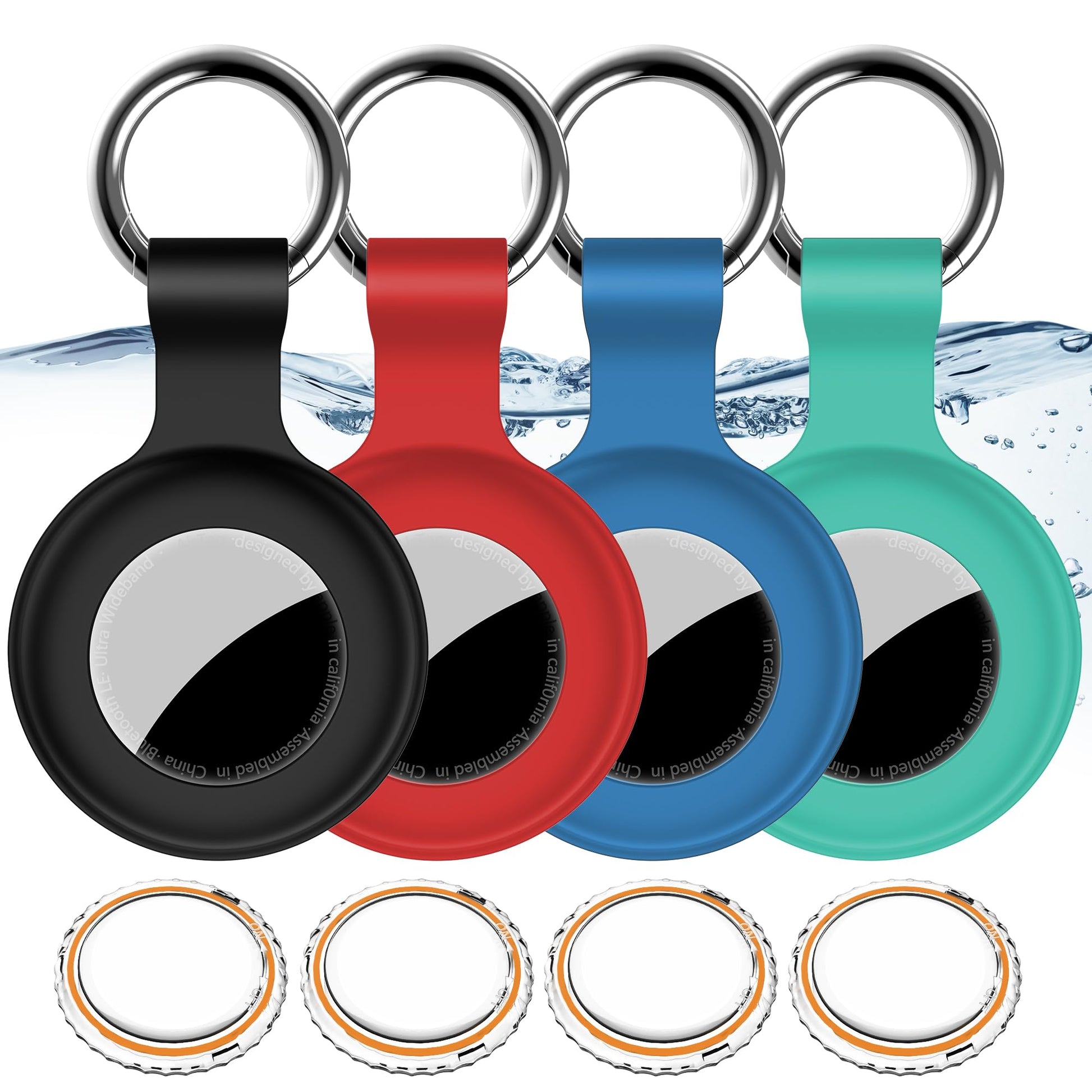 4Pack,Compatible with Airtag Holder Case with Keychain IPX8 Waterproof,Shockproof GPS Tag Tracker Cover [Anti-Scratch] [PC+Silicone] for Item Finders Case for Pets,Kids,Luggages-Black/Blue/Green/Red