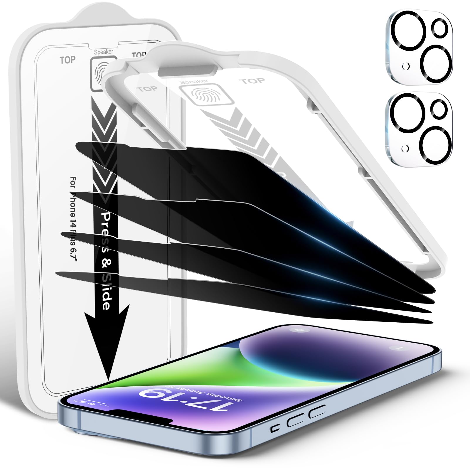 EZ-GLAZ-4 Pack Privacy Screen Protector for iPhone 14 Pro[6.1 inches] With 2 Pack Camera Lens Protector, [Drop Protection] 9H Hardness Scratch Resistant Tempered Glass Film, Easy to install