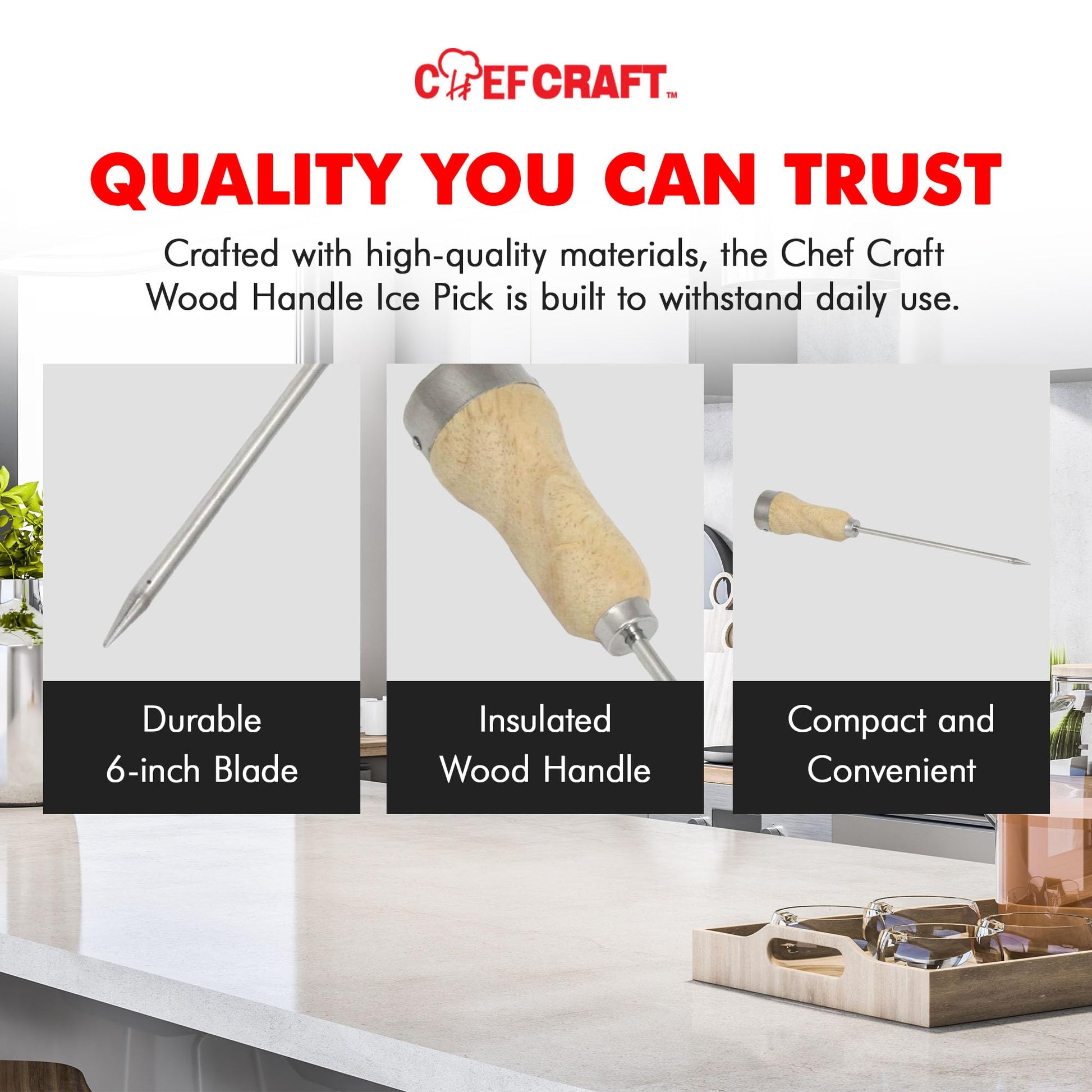 Chef Craft - Select Wood Handle Ice Pick, Plated Steel Ice Breaking Tool with Wooden Handle, 10 inches in Length 6 inch Blade, Great for Breaking Ice in Freezer