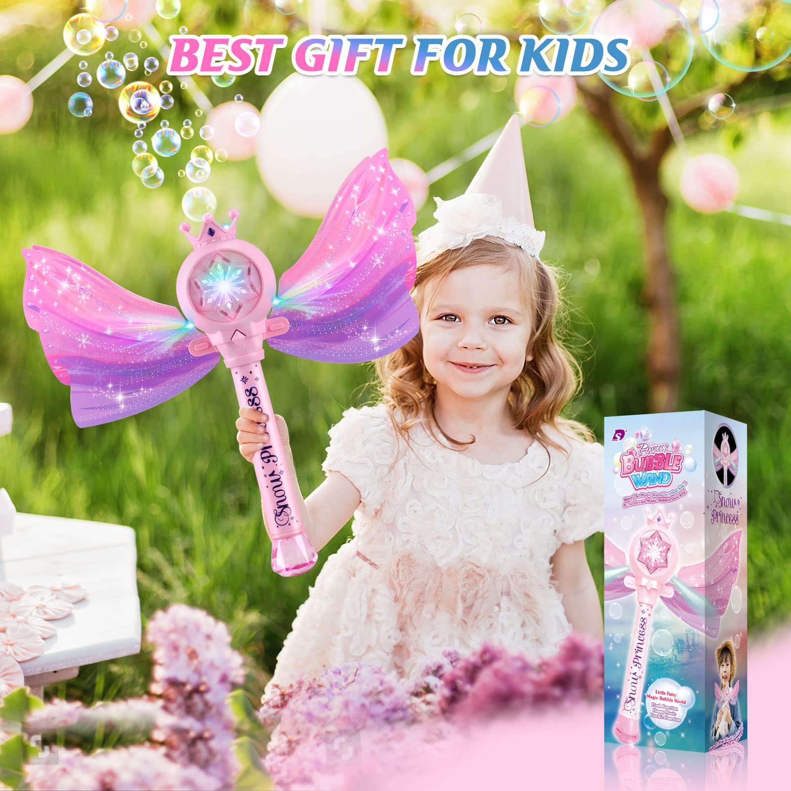 Britik Bubble Wands for Kids Girls - LED Light & Music Bubble Machine: 3 AA Batteries & 2 Bubble Solutions, Outdoor Party Birthday Toys for Toddlers, Gift for 3 4 5 6 7 8 Year Old Girls