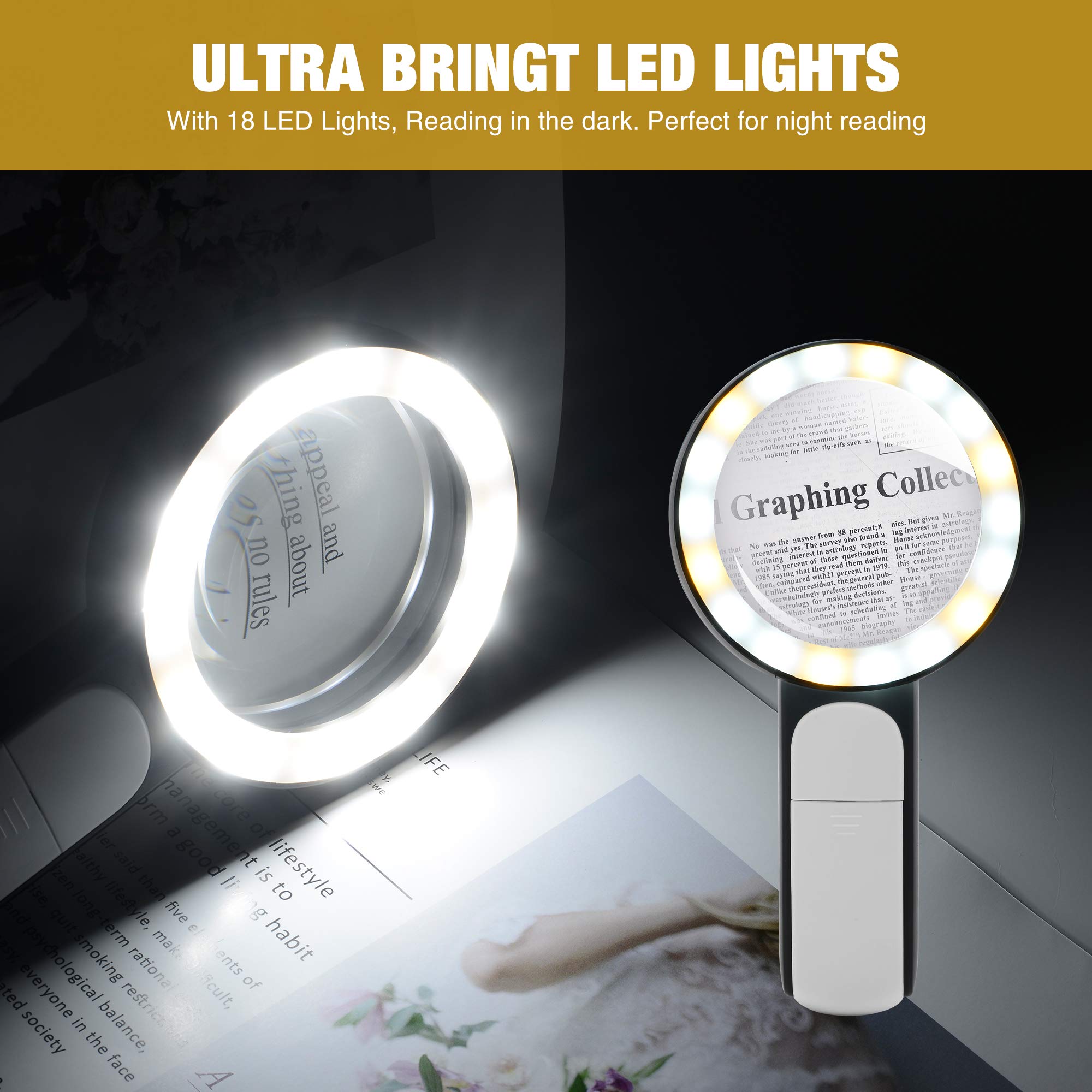 JMH Magnifying Glass with Light, 30X Handheld Large 18LED Cold and Warm Light with 3 Modes, Illuminated Magnifier for Seniors Reading, Inspection, Coins, Jewelry, Exploring