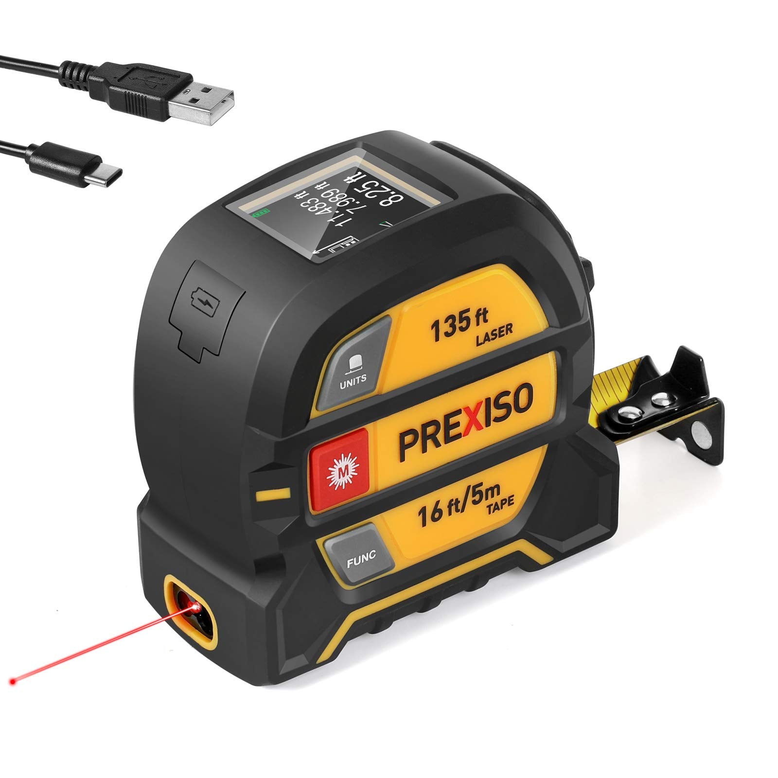 PREXISO 2-in-1 Laser-Bandmaß, 40m Wiederaufladbares Messgerät & 5m Maßband mit beweglichem magnetischem Haken – Satz des Pythagoras, Fläche, Volumen, Ft/Ft+in/in/M Einheiten NICHT Digital