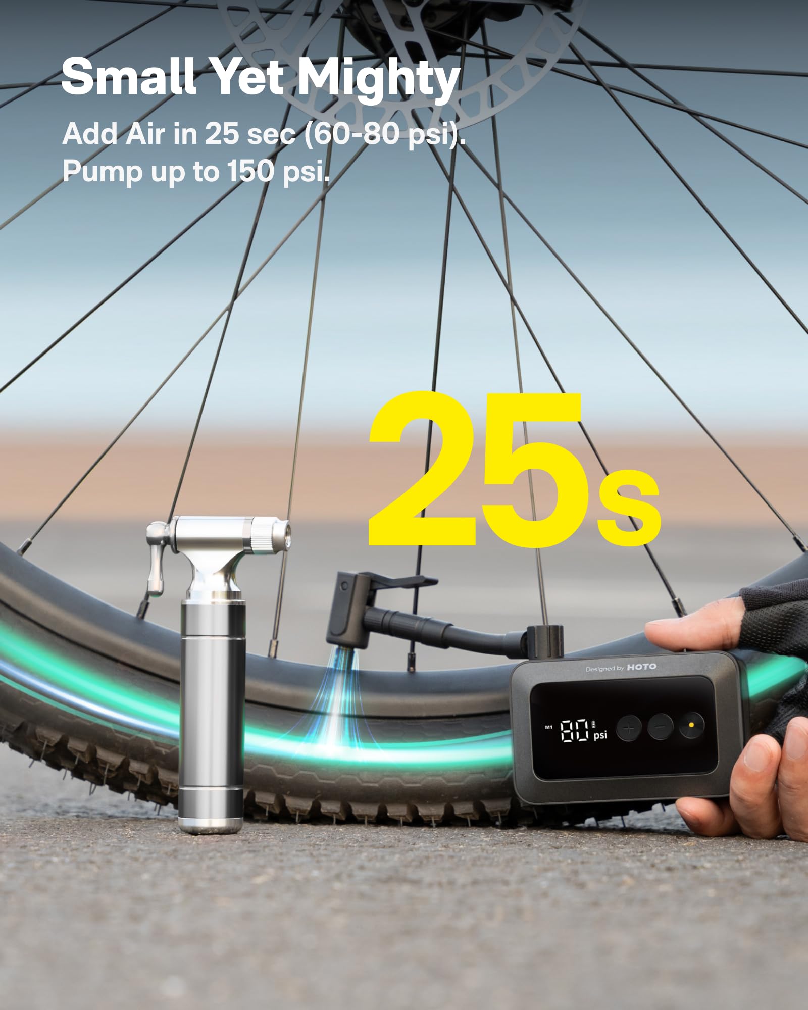 HOTO Mini Bike Tire Pump, 25s Fast Inflate Bicycle Pump with Guage, 150PSI Portable Electric Bike Air Pump with Presta and Schrader Valve for Road Bike, Motorcycle, Mountain Bike, Car, Sports Ball