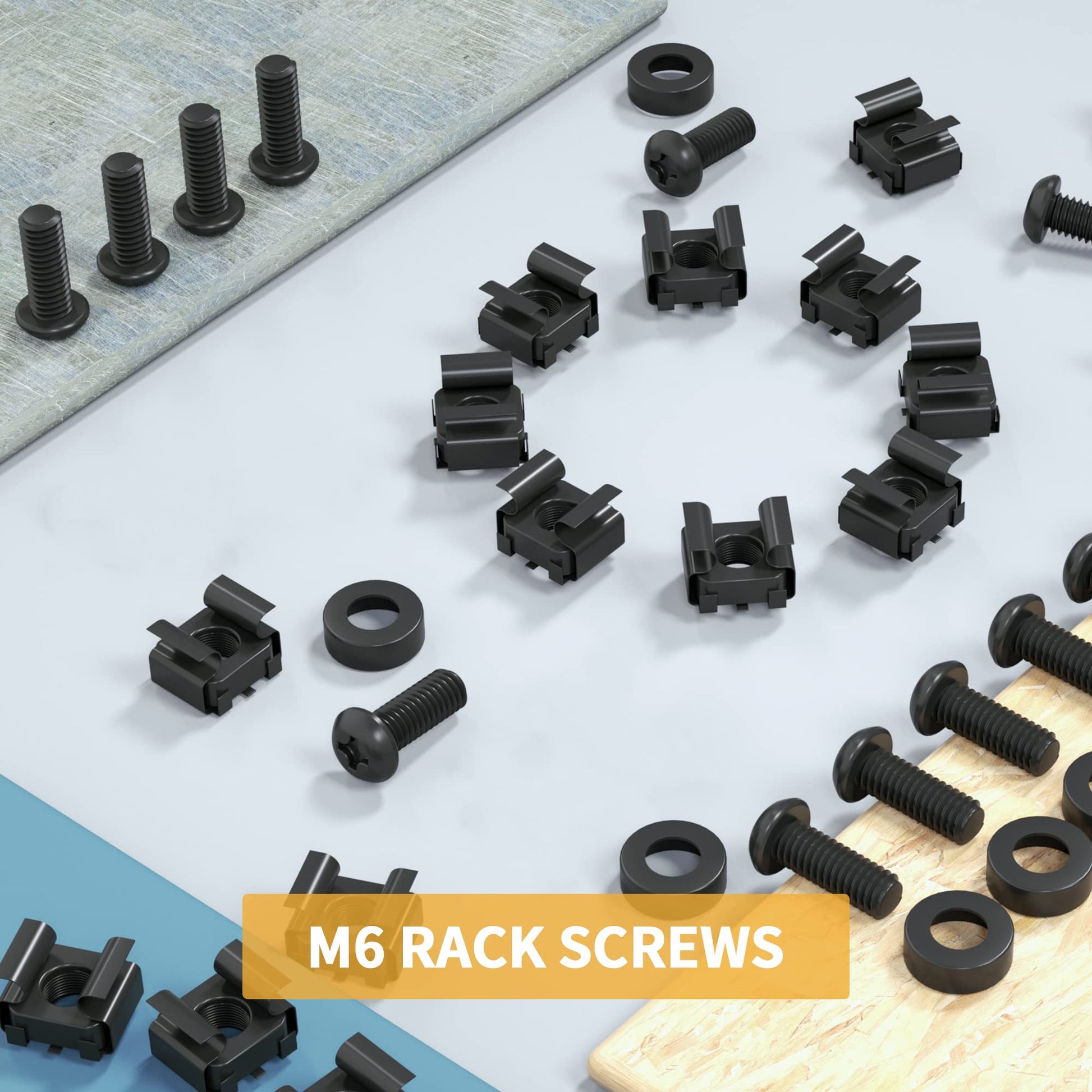 50 PACK M6 x 16mm Rack Mount Cage Nuts, Screws and Washers for Rack Mount Server Cabinet, Rack Mount Server Shelves, Routers, Rack Mount Screws and Square Insert Nuts, Self-Locking Cable Ties for Free