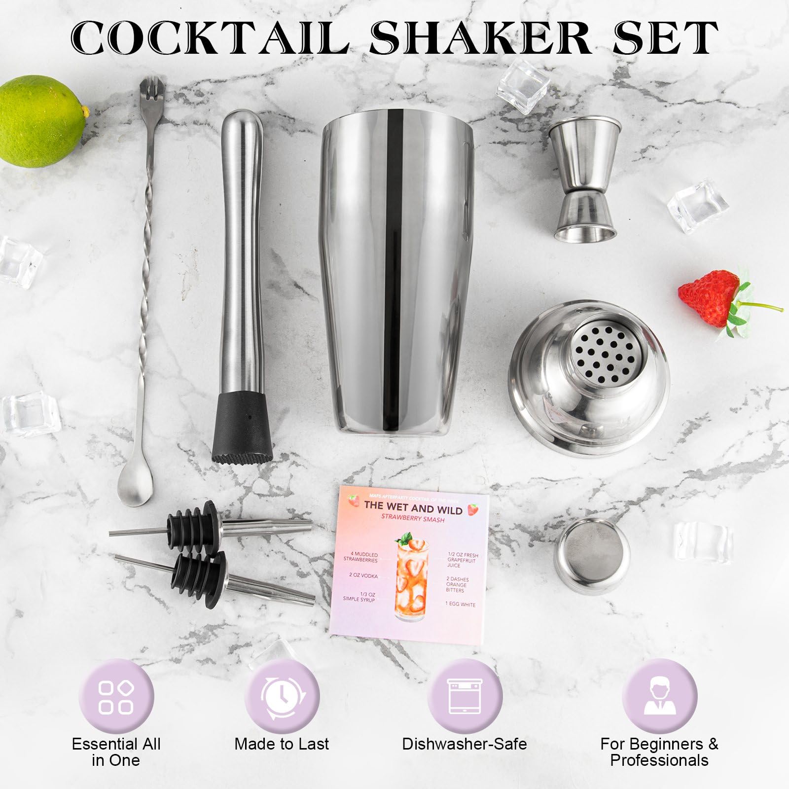 Cocktail Shaker Set, 6-Piece Mixology Bartender Kit Premium Shakers Bartending: Martini Shaker Jigger Mixing Spoon Muddler 2 Pourers Bar Tools Set with Built-in Bartender Strainer for Drink Shaker