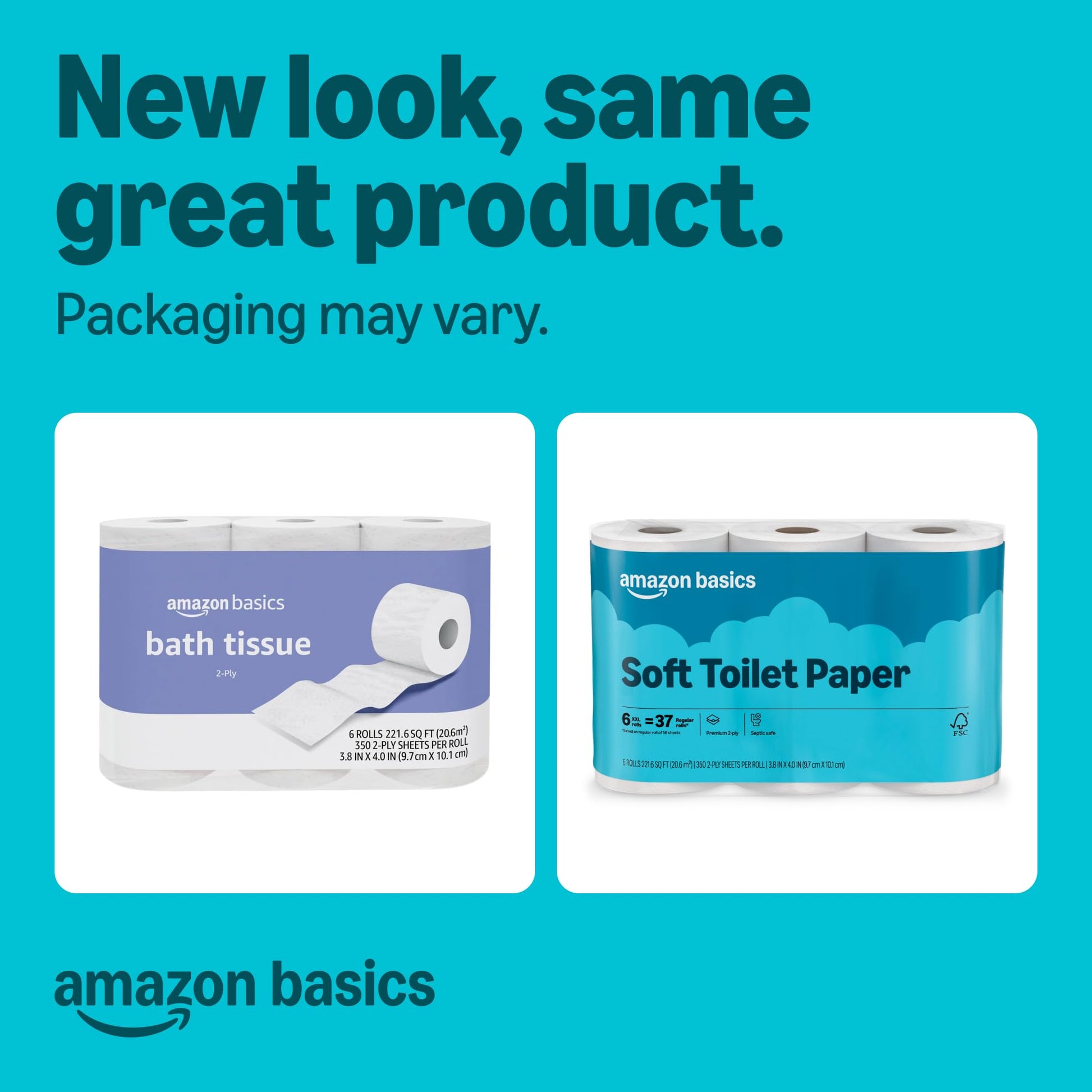 Amazon Basics 2-Ply Soft Toilet Paper, 30 Rolls (5 Packs of 6), Equivalent to 185 Regular Rolls, Packaging May Vary