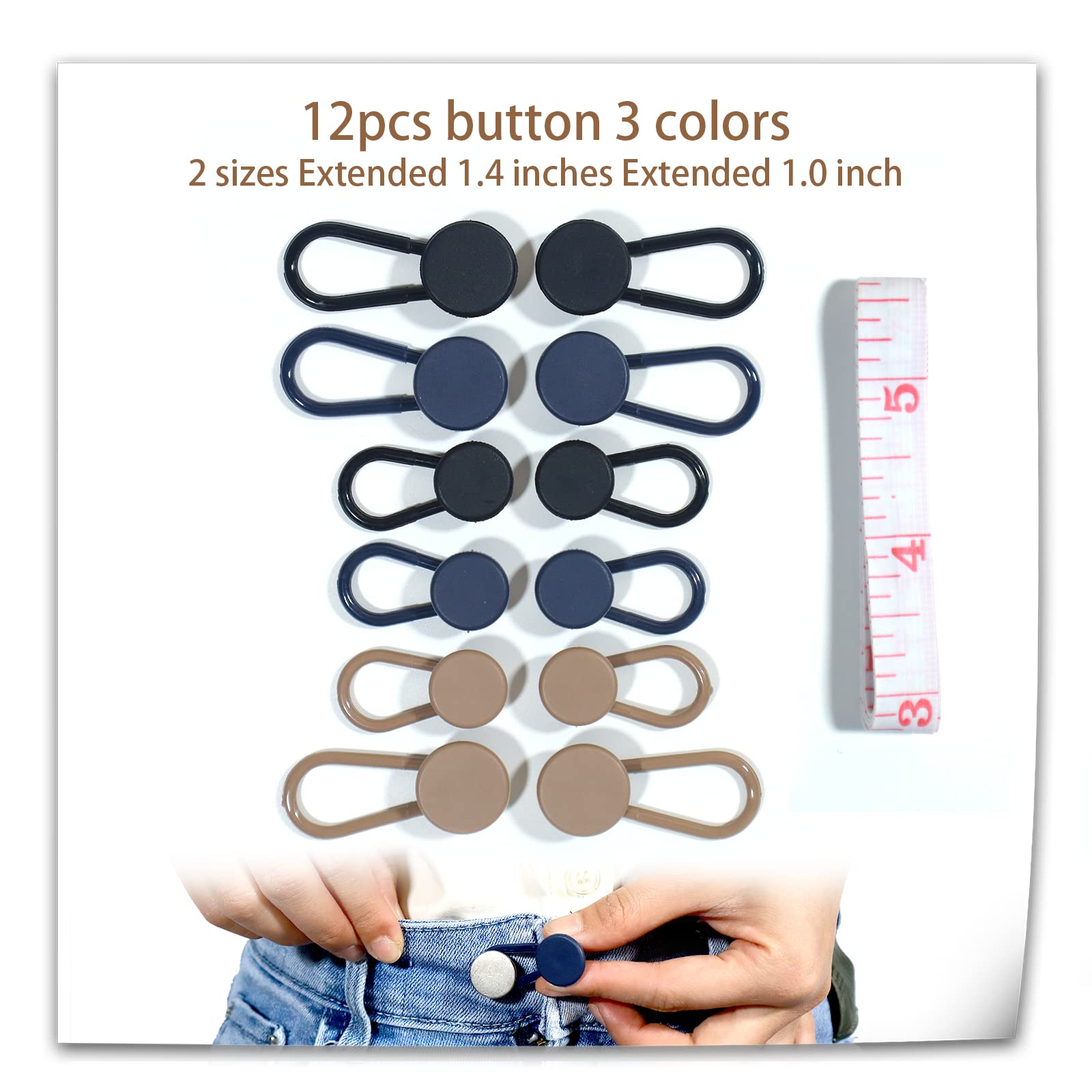 12PCS Button Extenders for Jeans, Jean Button Extender, Button Extender for Pants, Waist Extenders for Pants for Women for Men, Pants Waist Extension 1/1.4 Inches, Black, Blue, Khaki