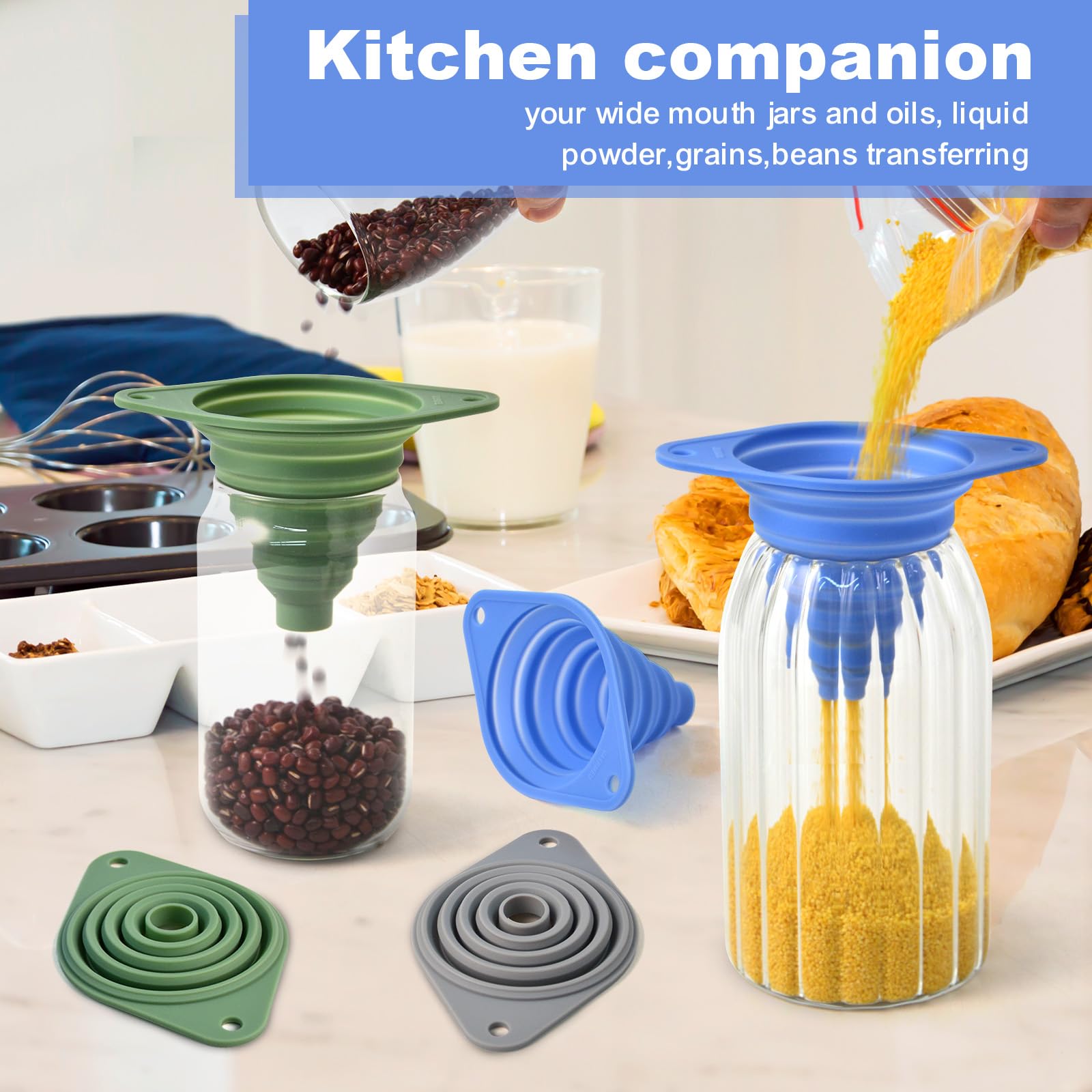 VAYRMEU Kitchen Funnel Set 3 Pack,Funnels for Kitchen Use Filling Bottles,Silicone Funnel Collapsible,Small Funnels for Filling Small Bottles