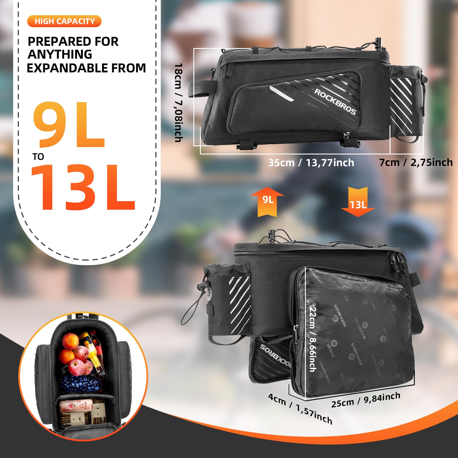 ROCKBROS Bike Rack Bag Bicycle Bag Trunk Rear Rack Bag Bike Panniers Bike Accessories Basket Storage Luggage Saddle Shoulder Bag 13L for E bike, Bicycle With Rain Cover Biking Accessories Gear