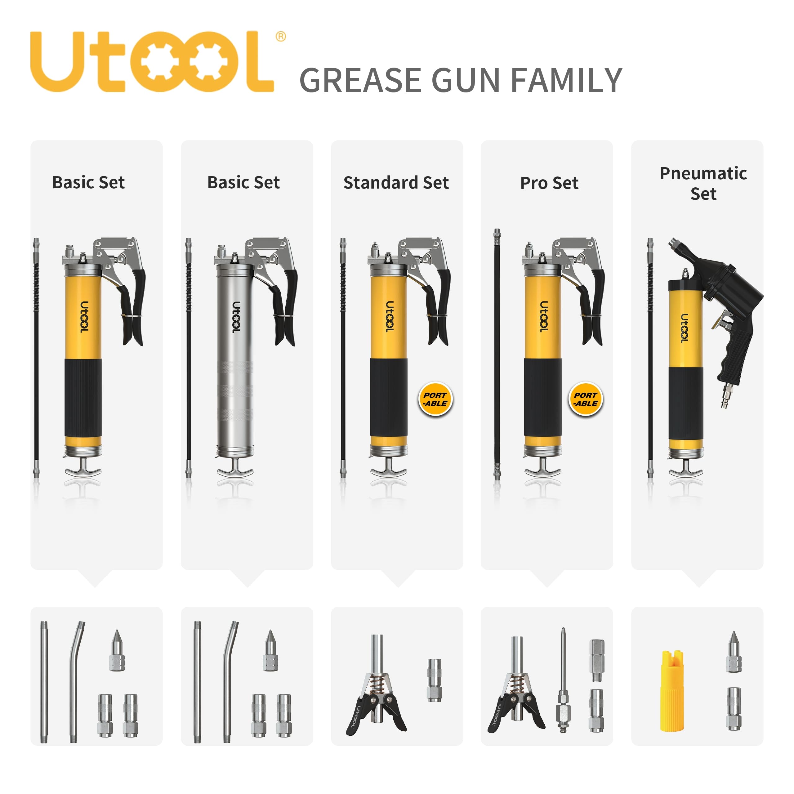 UTOOL Grease Gun, 8000 PSI Heavy Duty Pistol Grip Grease Gun Kit with 14 oz Capacity, 18 Inch Resin Flex Hose, 2 Basic Coupler, 2 Extension Rigid Pipe and 1 Sharp Type Nozzle, Argent Matte Finish