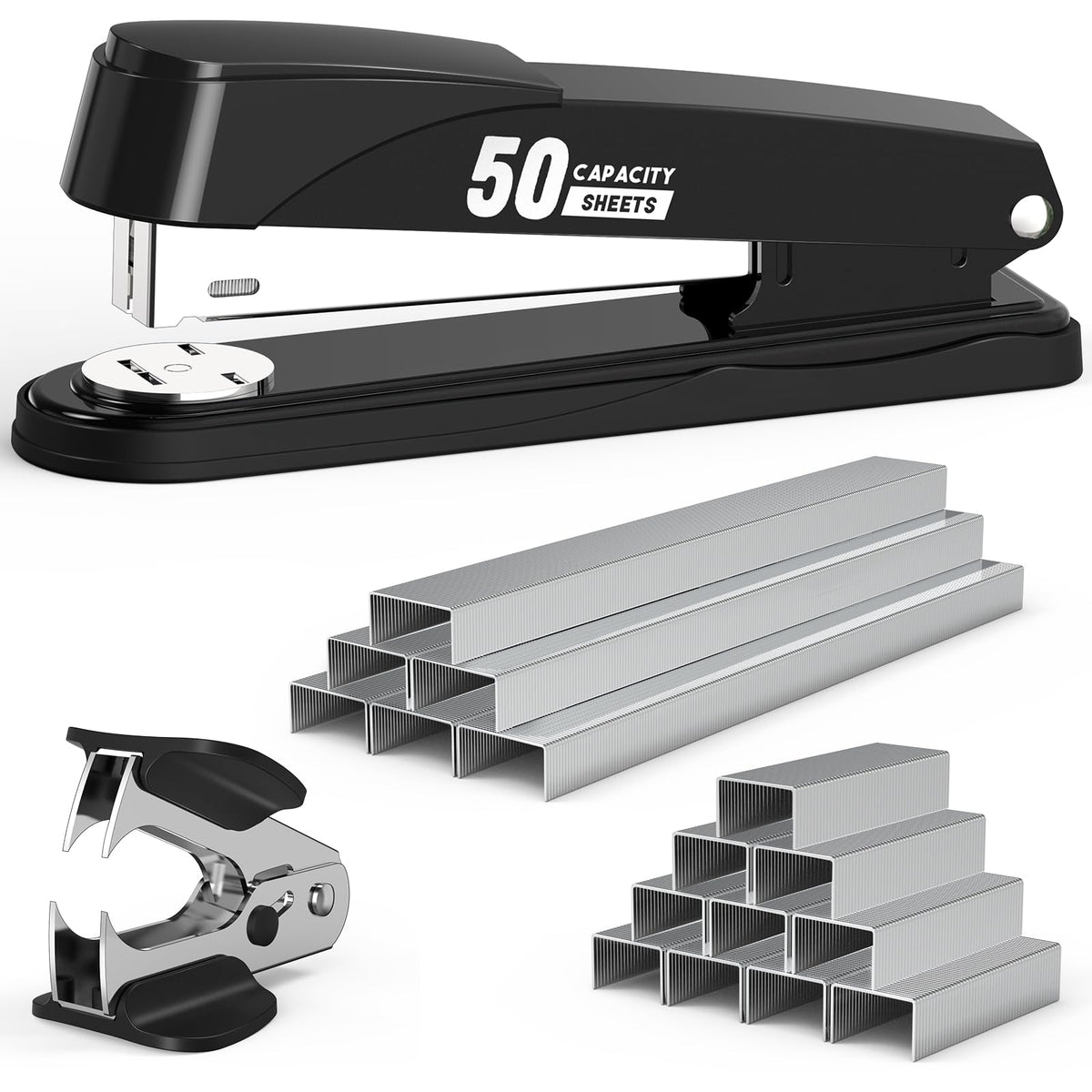 Metal Stapler Heavy Duty 50 Sheet Capacity with 1750 Staples and Staple Remover, Full Strip Staplers for Desk, No Jam, Non-Slip for Office & Classroom, Black