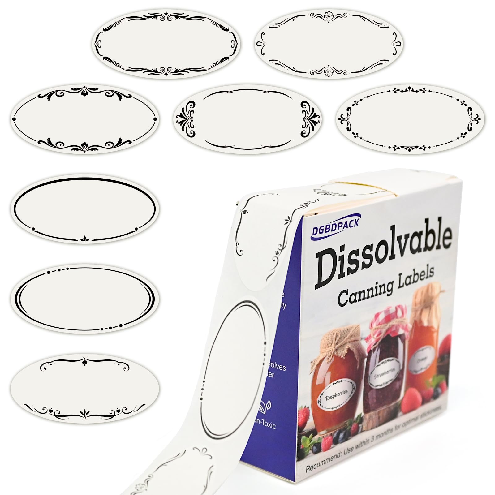 DGBDPACK 400 ملصق قابل للذوبان لبرطمانات ماسون، ملصقات صغيرة للمخزن مقاس 1 × 2 بوصة، ملصقات قابلة للذوبان في الماء - 8 تصميمات
