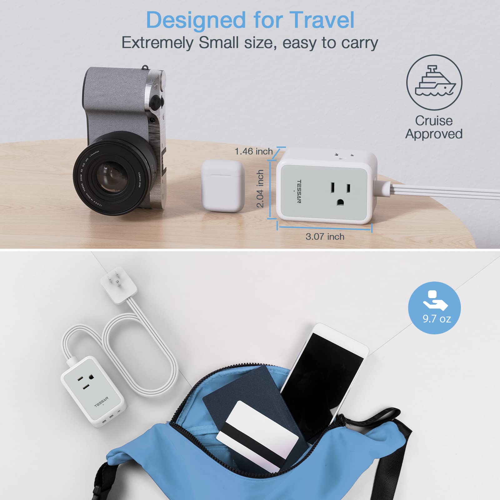 Small Flat Plug Power Strip, TESSAN Ultra Thin Extension Cord with 3 USB Wall Charger (1 USB C), 3 Outlets Mini Charging Station, 5 ft Slim Plug for Cruise Travel Office School Dorm Room Essentials