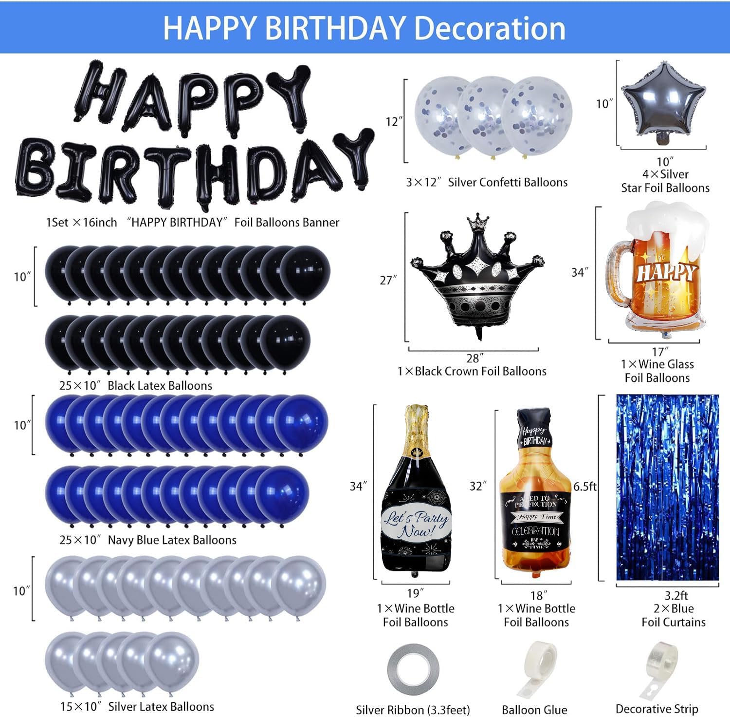 Blue and Black Happy Birthday Decorations for Men,Birthday Decorations with Banner, Fringe Curtains,Foil Balloons, Balloon Kits for 21st,25th 27th 30th 35th 40 50 60th Birthday Decorations
