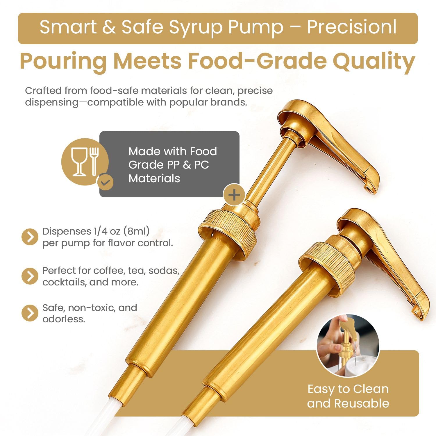 Syrup Pump for Coffee Syrup Bottles – 4-Pack Dispenser Pumps Fits 750ml / 25.4 oz Flavoring Syrup Bottles – Compatible with Torani, Monin & More – Gold Coffee Syrup Dispenser Pump for Home & Cafe Use