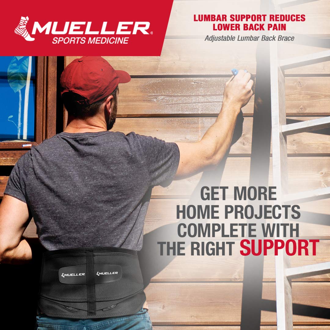 MUELLER Sports Medicine Lumbar Back Brace with Removable Pad, Ideal for Upper and Lower Back Pain, Relief & Support for Men and Women, Strains, Sciatica, Scoliosis, Black, Regular Size