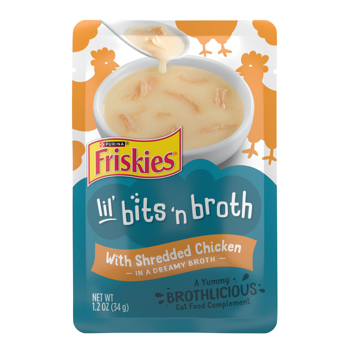 Purina Friskies Leckerli für Katzen, Bits 'n Broth mit zerkleinertem Huhn in köstlicher Brühe – (16er-Pack) 34 g Beutel