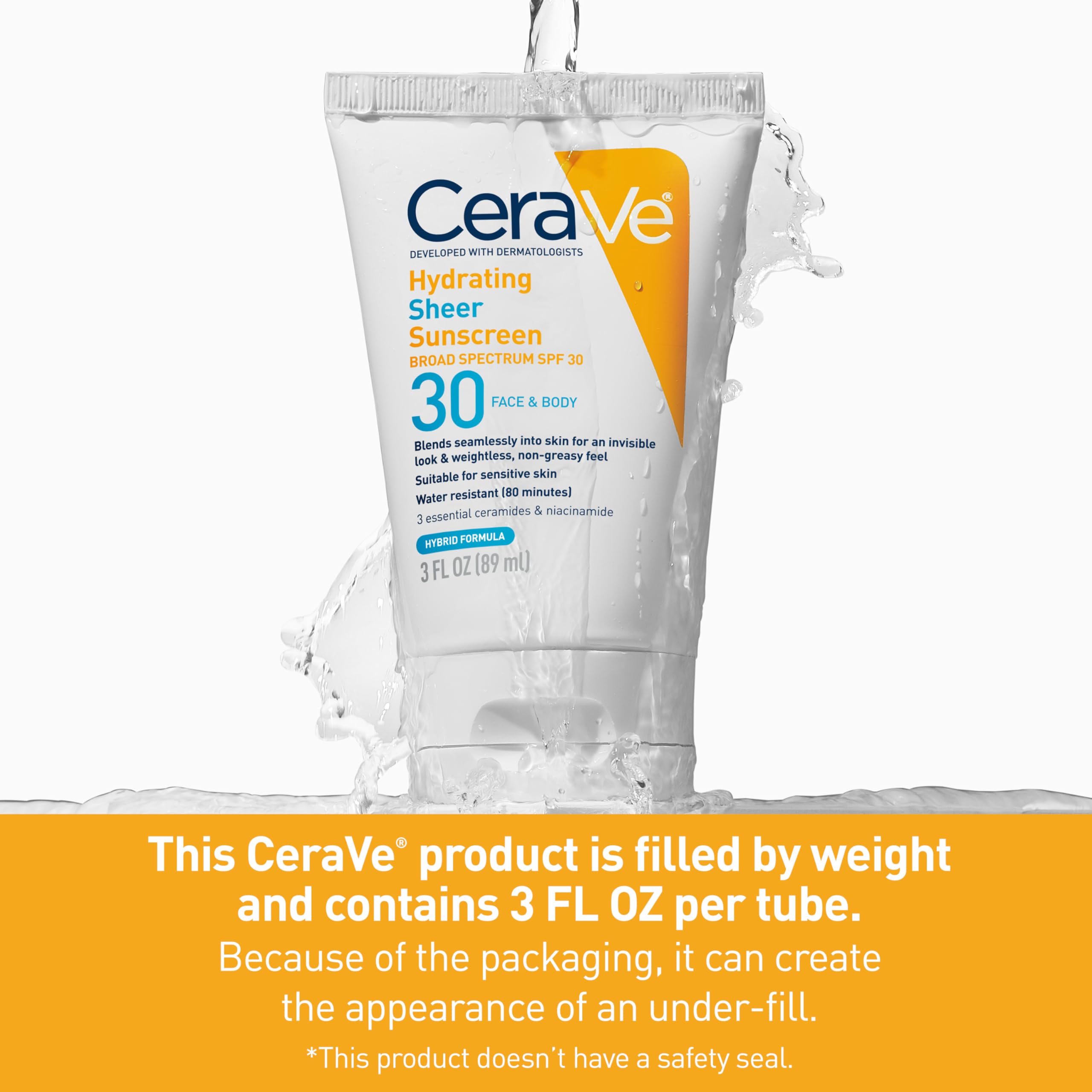 CeraVe Hydrating Sheer Sunscreen SPF 30 for Face and Body | Mineral & Chemical Sunscreen with Zinc Oxide, Hyaluronic Acid, Niacinamides and Ceramides| Paraben Free Fragrance Free | 3 Ounces