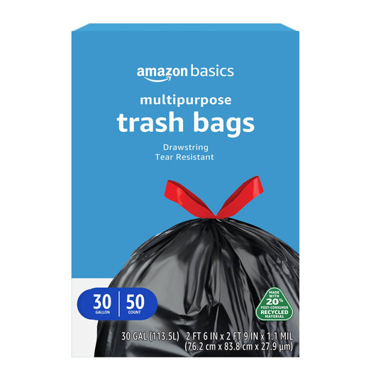 Amazon Basics Multipurpose Drawstring Trash Bags, 20% Post Consumer Recycled Content, 30 Gallon, 50 Count, Pack of 1