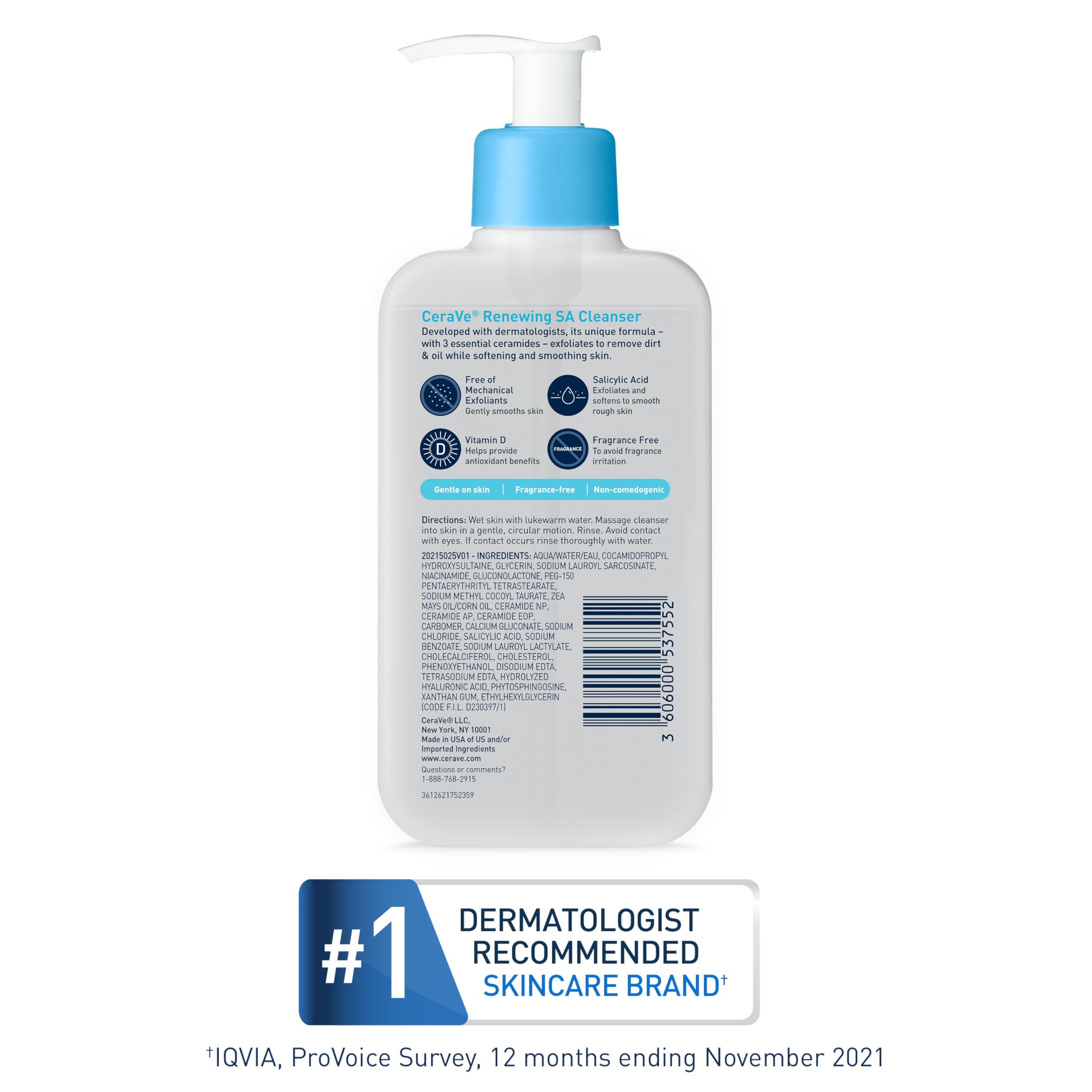 CeraVe Renewing Salicylic Acid Cleanser, Formulated With Hyaluronic Acid, Niacinamide, & Ceramides, Gentle BHA Exfoliating Face Wash Smooths & Softens Skin, Non Comedogenic & Fragrance Free, 16 Ounce