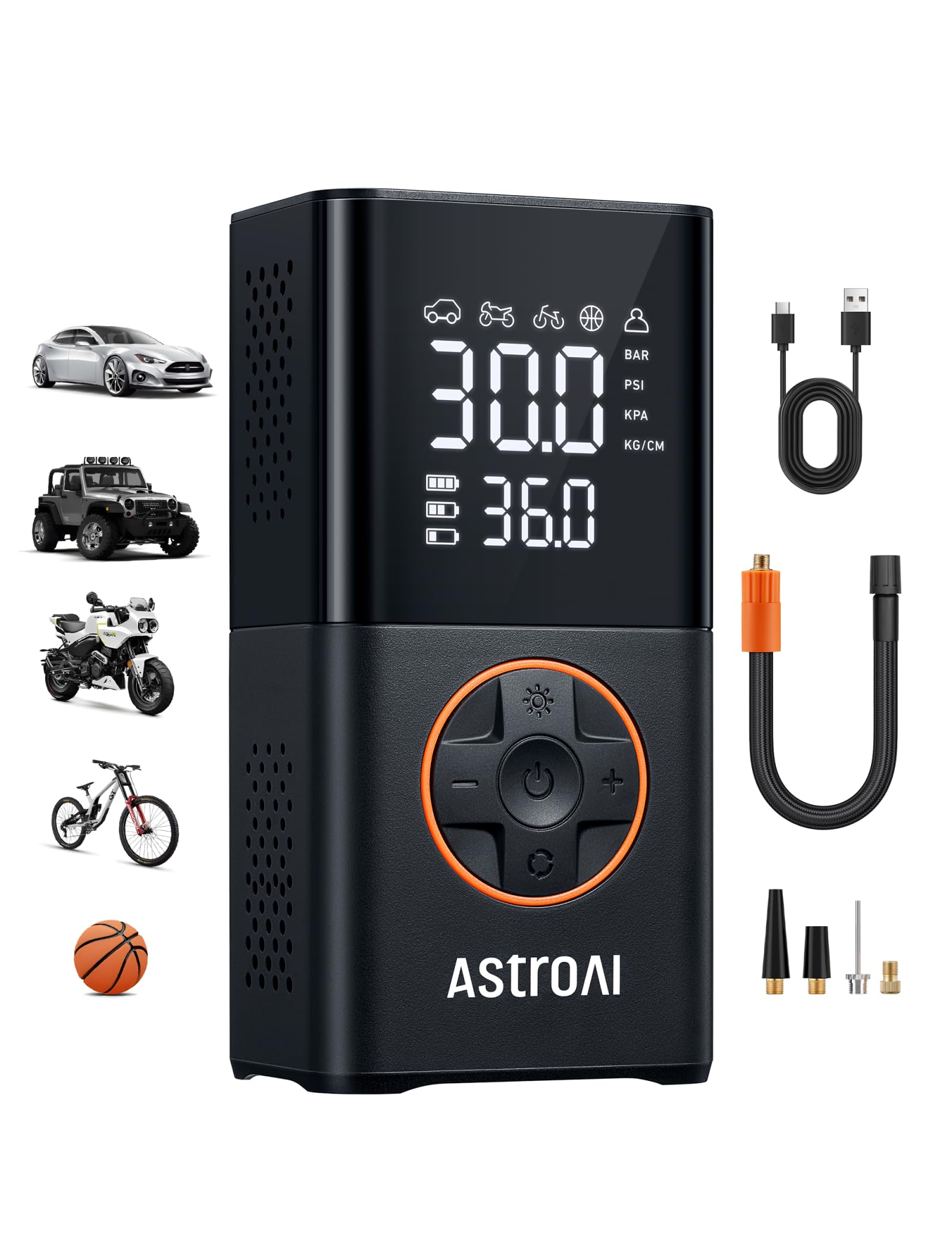 AstroAI L7 Tire Inflator Portable Air Compressor Cordless Mini Bike Pump with Digital Dual Values Display, 150 PSI Car Tires Air Pump with LED Lights&Pressure Gauge for Auto, Motorcycles, Bikes, Balls