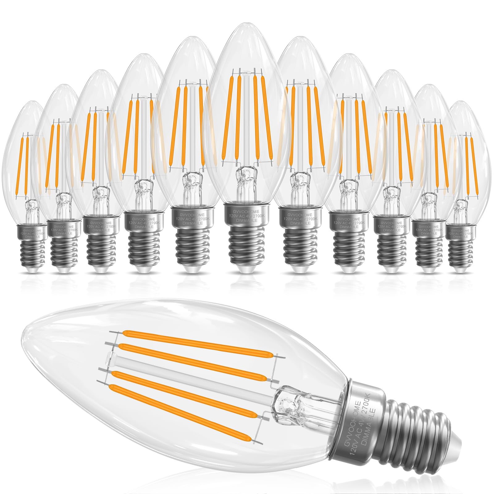 GvvooHome E12 لمبة شمعدان 40 واط مكافئة، لمبة E12 LED قابلة للتعتيم لمبات ثريا، لمبات إضاءة شمعة B10 2700 كلفن أبيض ناعم، 90+ CRI، 400 لومن، زجاج شفاف، عبوة من 12