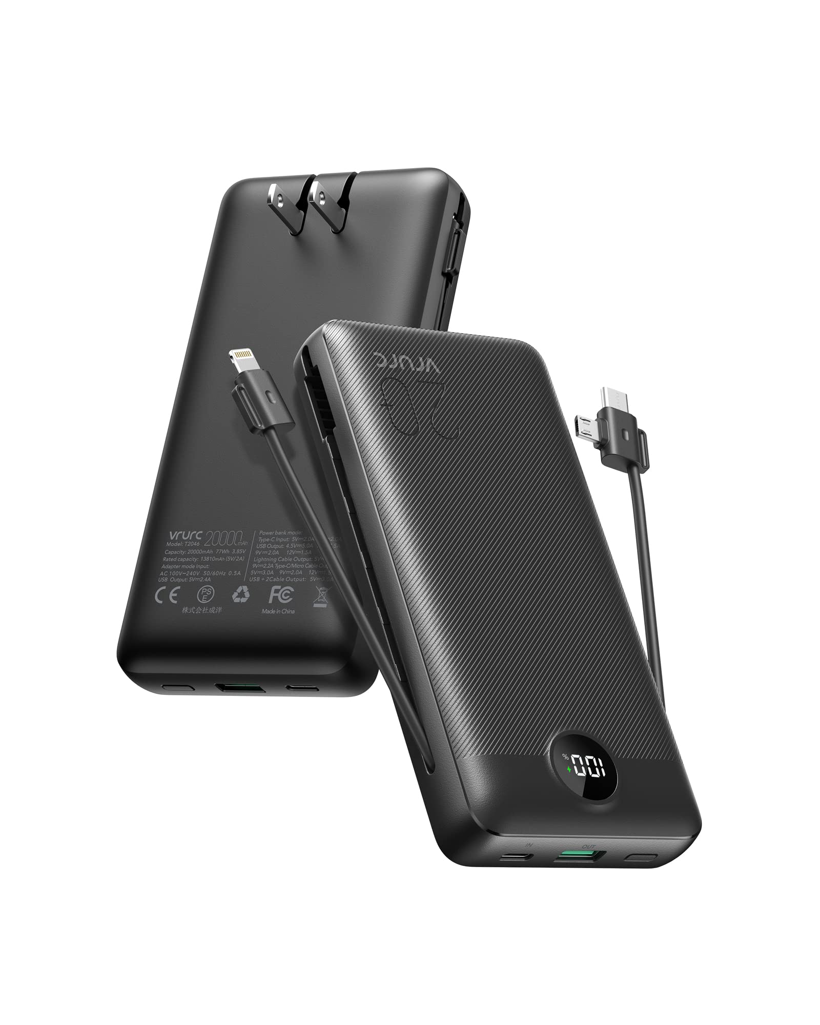 VRURC Portable Charger 20000mAh, Fast Charging Power Bank USB C,4 Output 2 Input Charging Bank Equipped with LED Display,Built-in Wall Plug and Cables,Cell Phone Replacement Battery,Blue